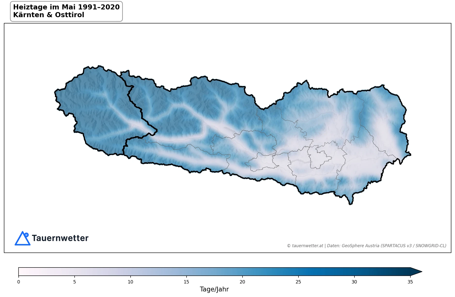 Klimakarte Heiztage (Tmittel < 12 °C), Mai 1991–2020 in Kärnten und Osttirol