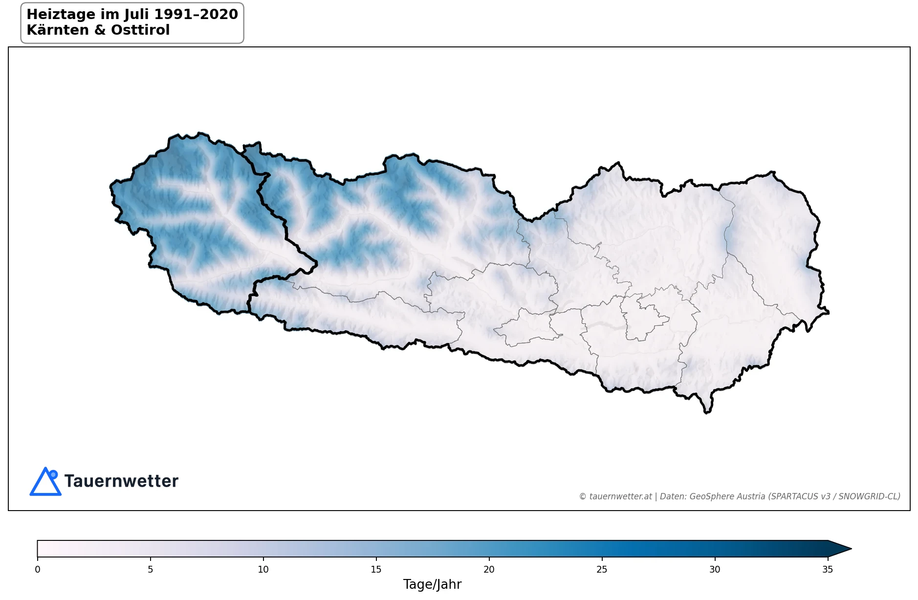 Klimakarte Heiztage (Tmittel < 12 °C), Juli 1991–2020 in Kärnten und Osttirol