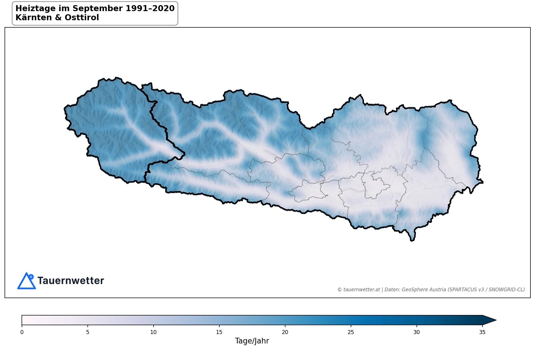 Klimakarte Heiztage (Tmittel < 12 °C), September 1991–2020 in Kärnten und Osttirol