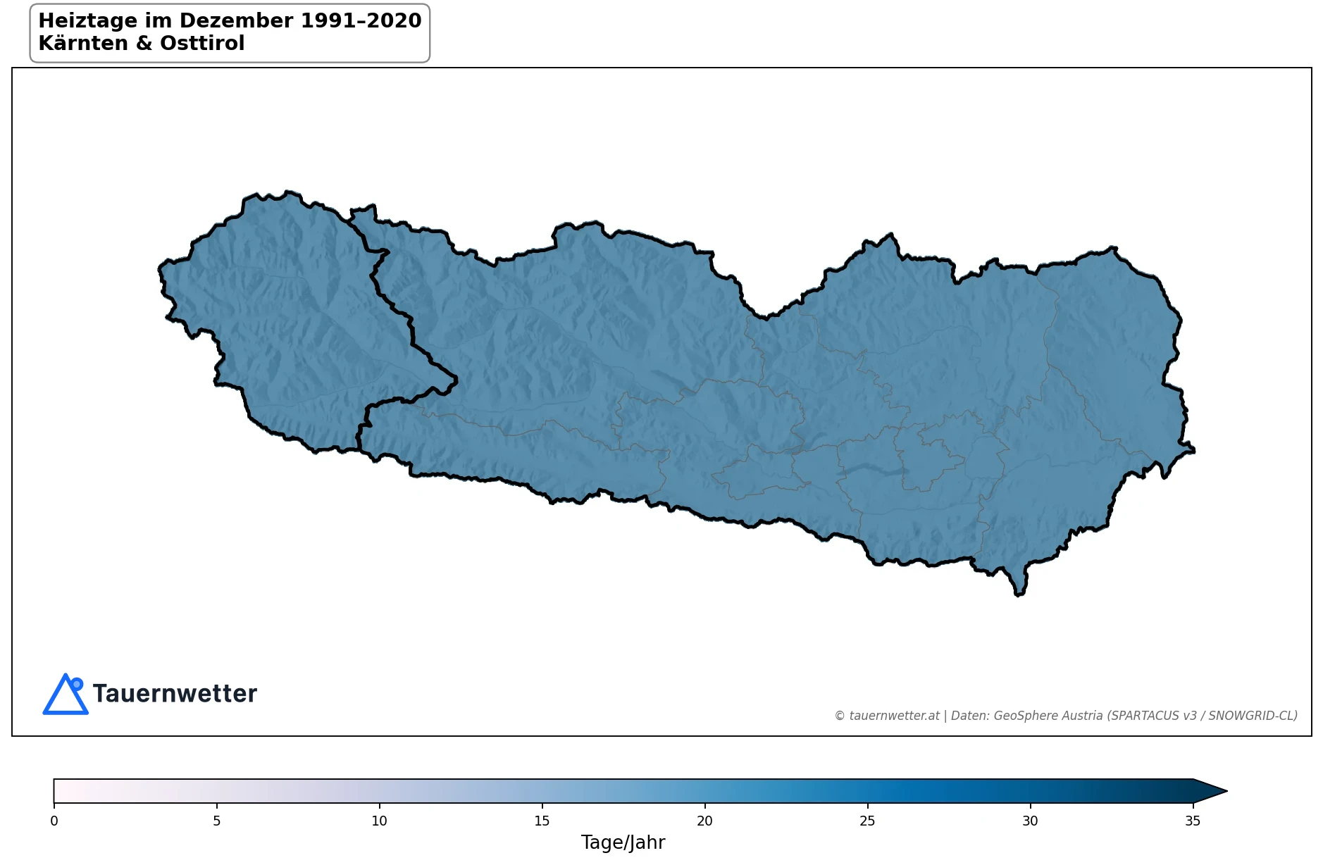 Klimakarte Heiztage (Tmittel < 12 °C), Dezember 1991–2020 in Kärnten und Osttirol