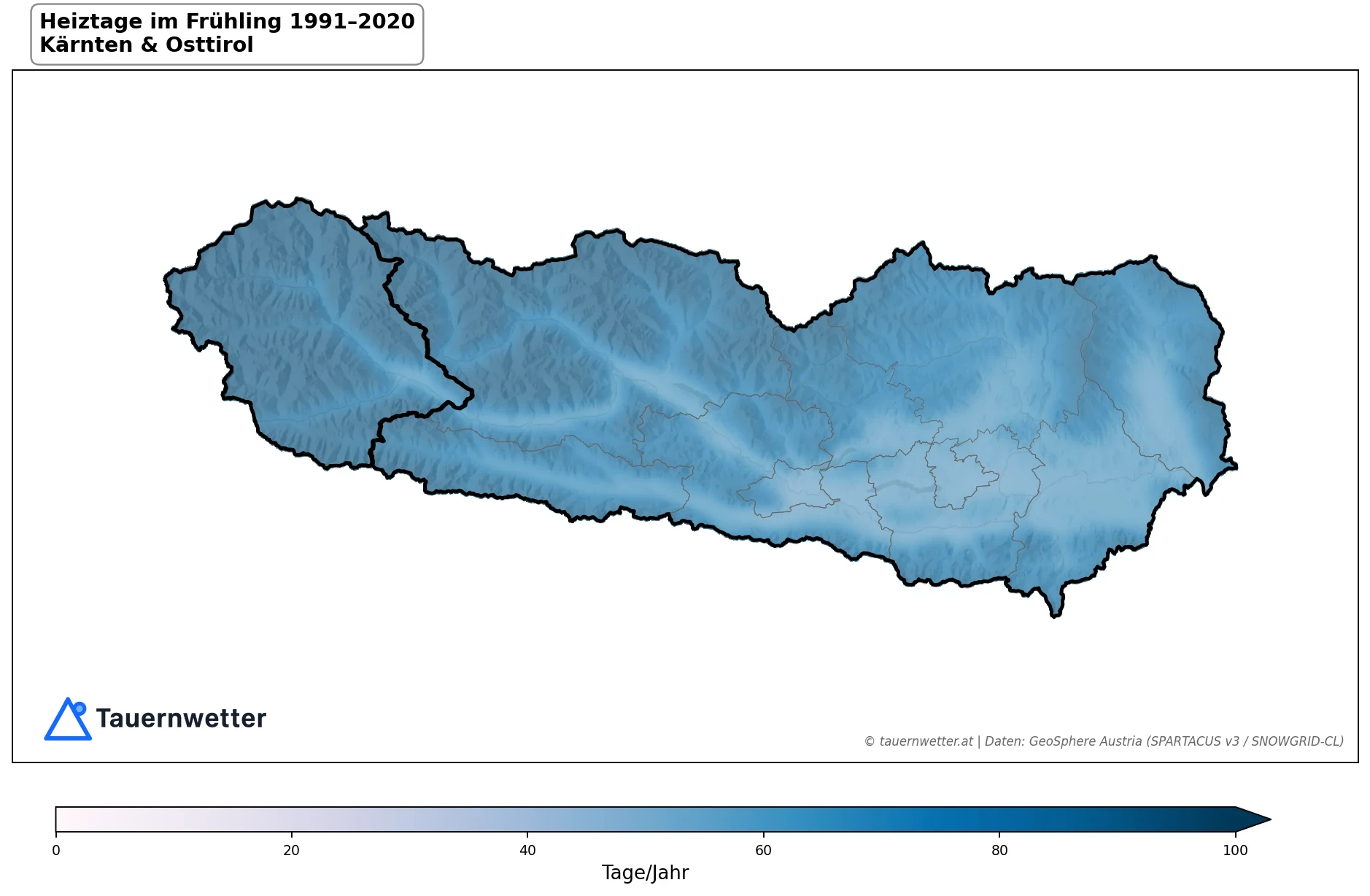 Klimakarte Heiztage (Tmittel < 12 °C), Frühling (MAM) 1991–2020 in Kärnten und Osttirol