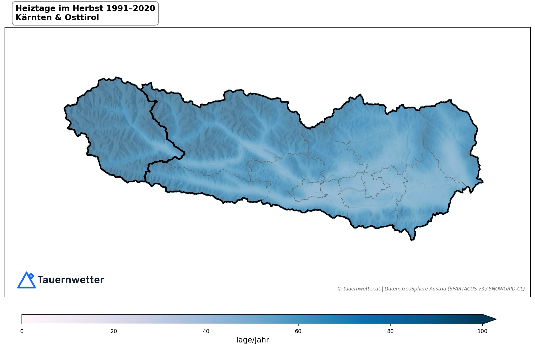 Klimakarte Heiztage (Tmittel < 12 °C), Herbst (SON) 1991–2020 in Kärnten und Osttirol