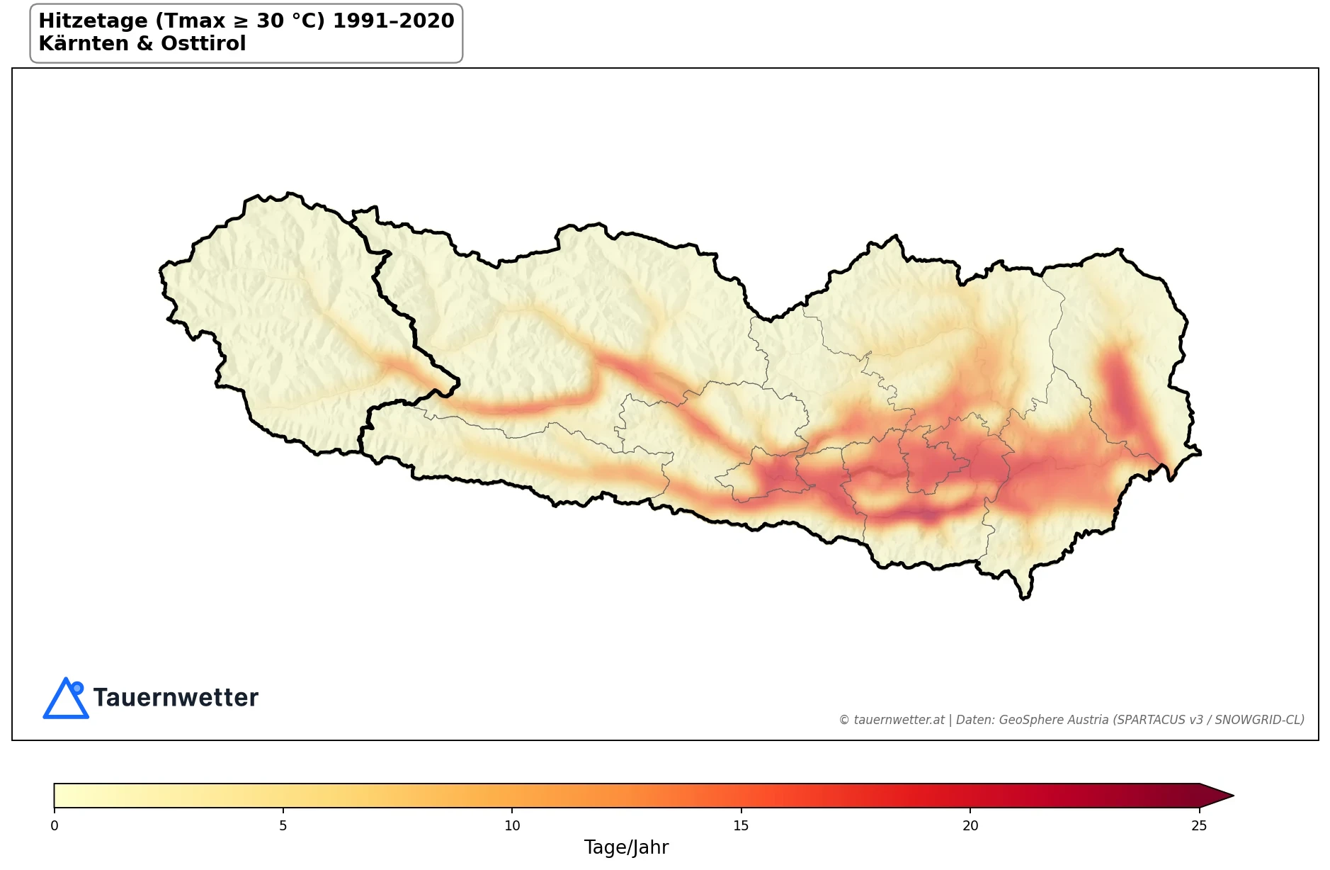 Klimakarte Hitzetage (Tmax ≥ 30 °C), Jahr 1991–2020 in Kärnten und Osttirol