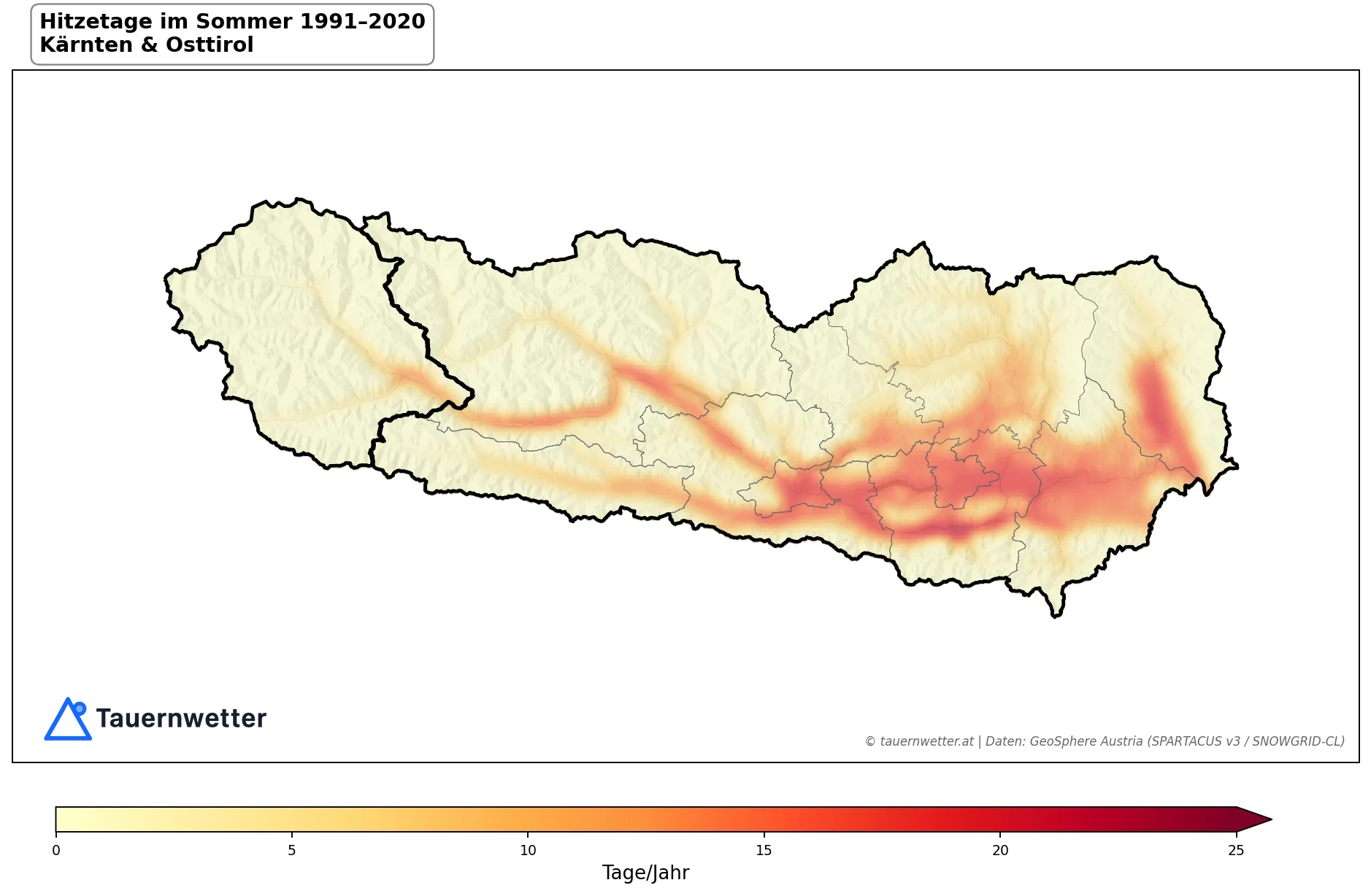 Klimakarte Hitzetage (Tmax ≥ 30 °C), Sommer (JJA) 1991–2020 in Kärnten und Osttirol