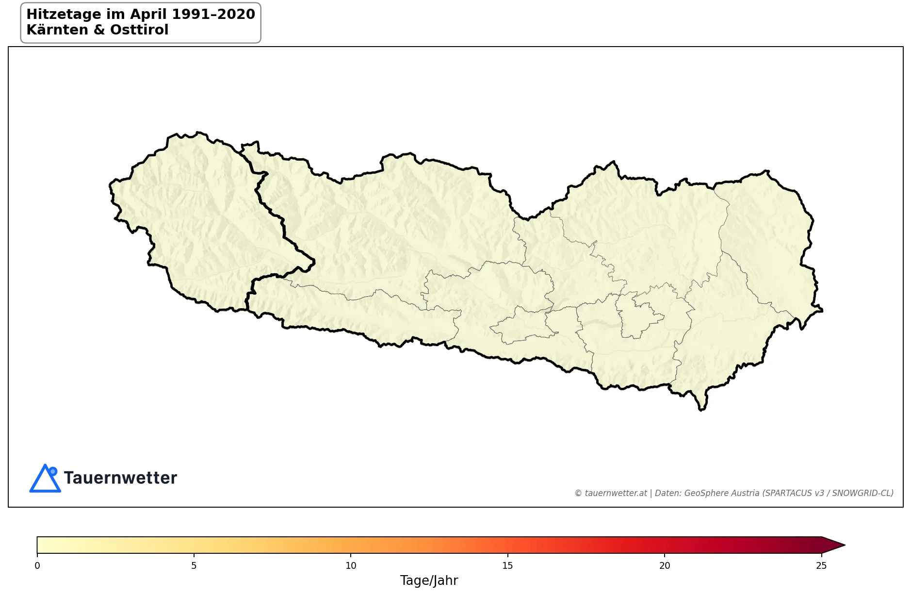 Klimakarte Hitzetage (Tmax ≥ 30 °C), April 1991–2020 in Kärnten und Osttirol
