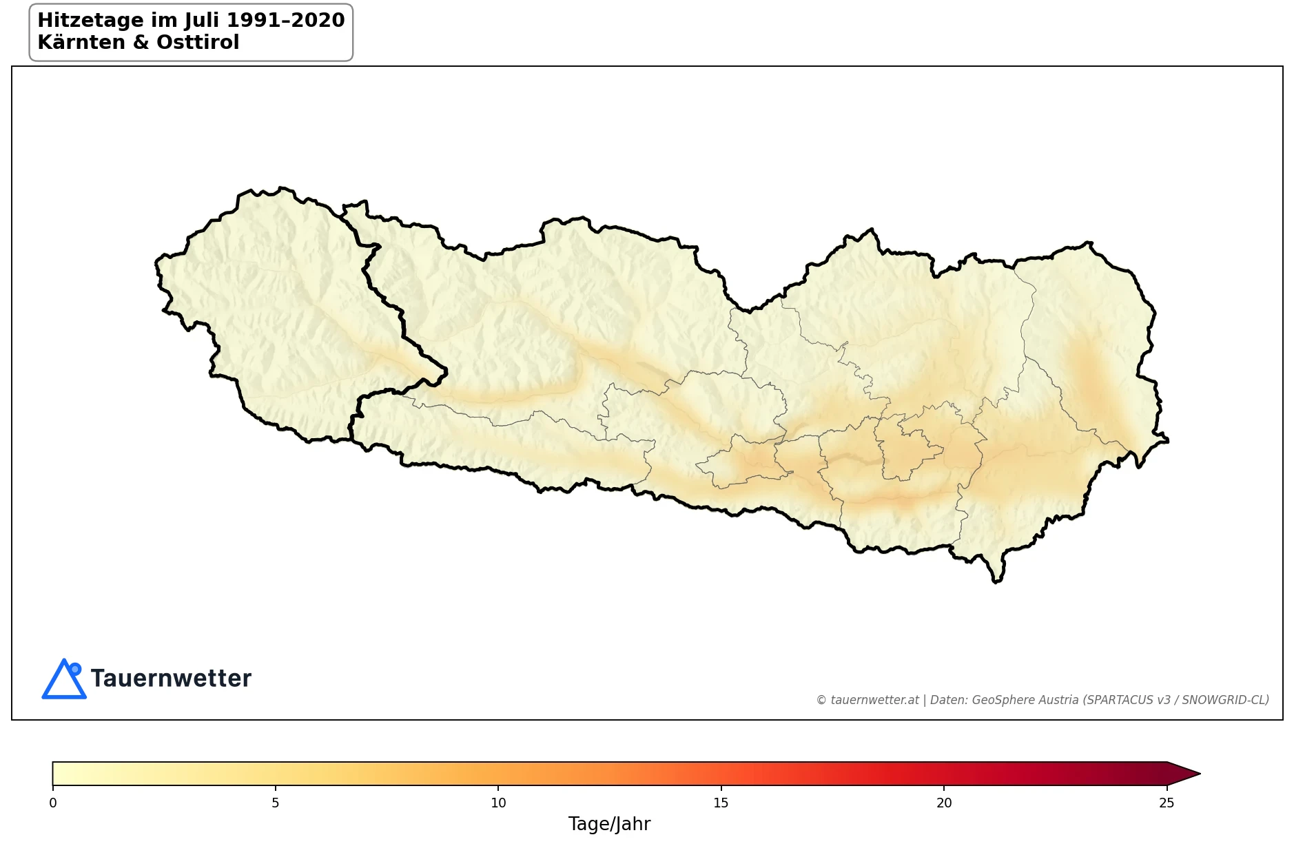 Klimakarte Hitzetage (Tmax ≥ 30 °C), Juli 1991–2020 in Kärnten und Osttirol