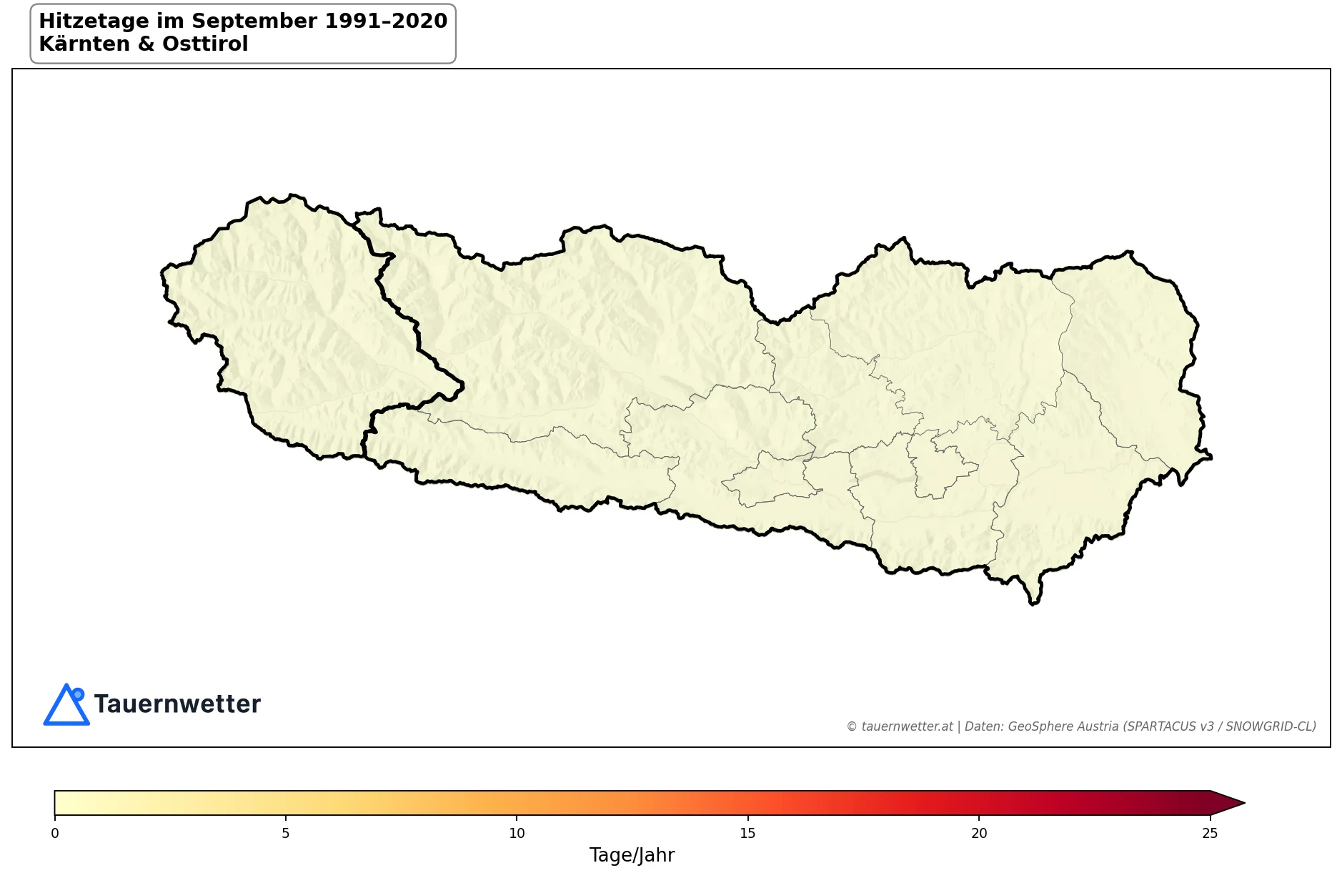 Klimakarte Hitzetage (Tmax ≥ 30 °C), September 1991–2020 in Kärnten und Osttirol