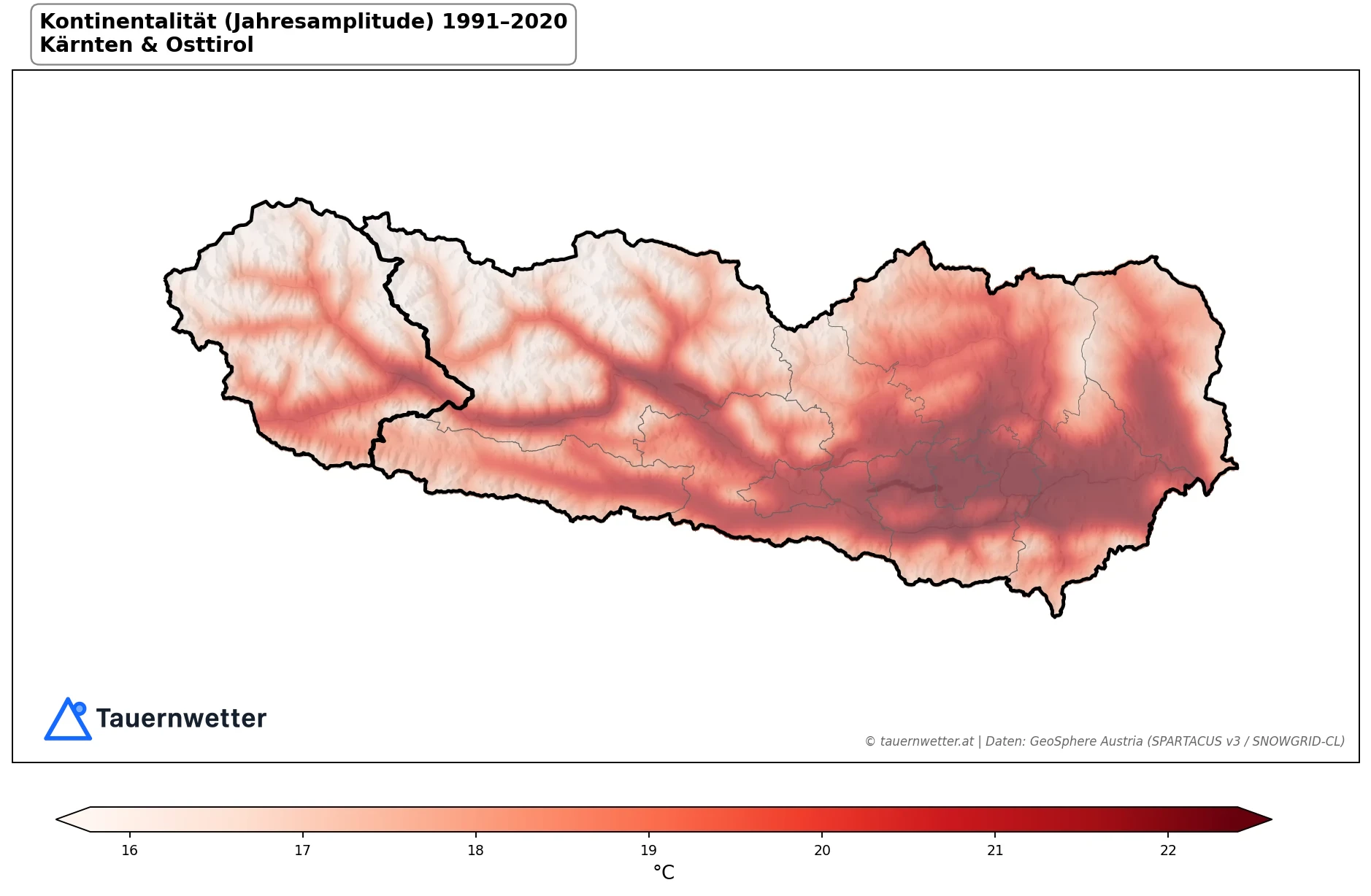 Klimakarte Kontinentalität (Jahresamplitude), Jahr 1991–2020 in Kärnten und Osttirol