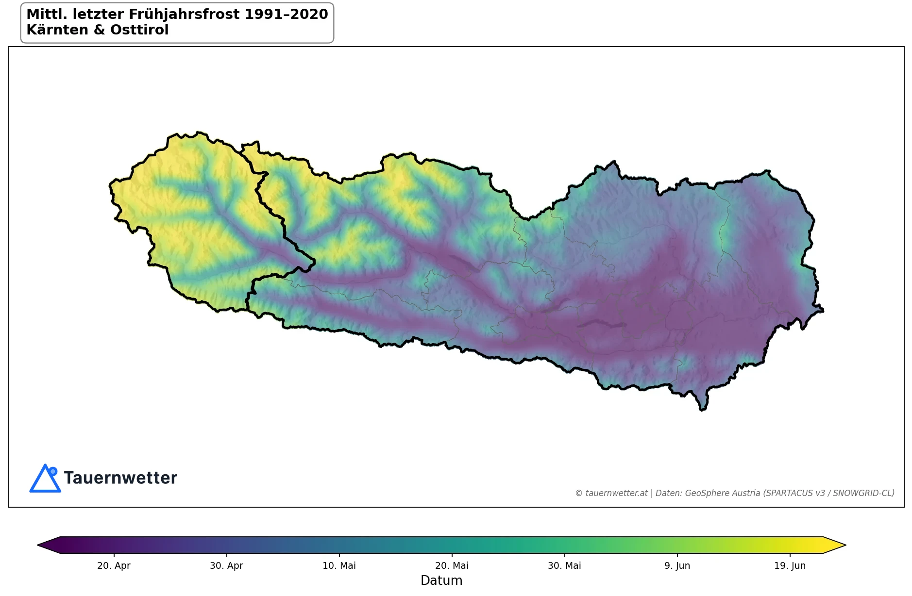 Klimakarte Letzter Frühjahrsfrost, Jahr 1991–2020 in Kärnten und Osttirol