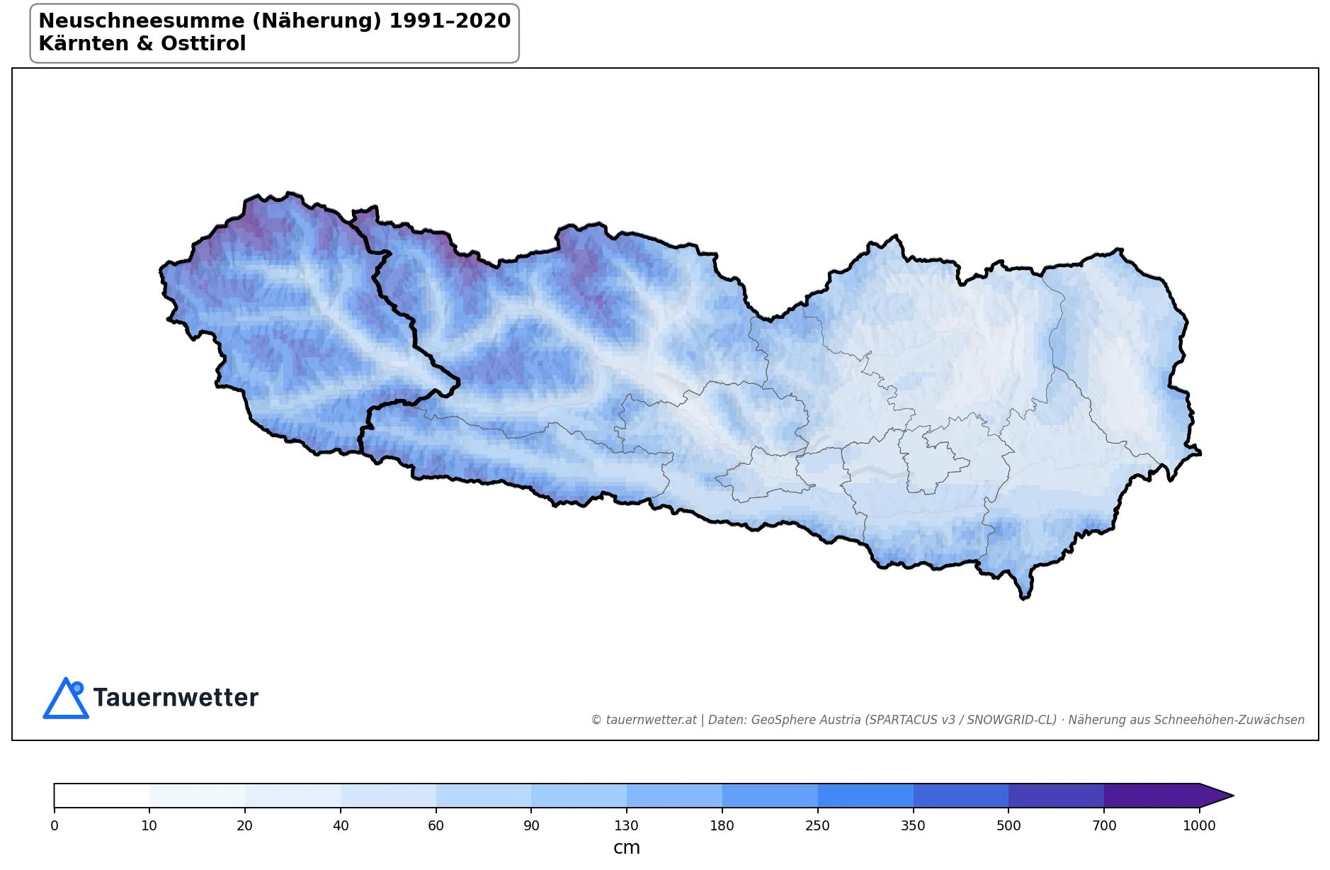 Klimakarte Neuschneesumme (Näherung), Jahr 1991–2020 in Kärnten und Osttirol