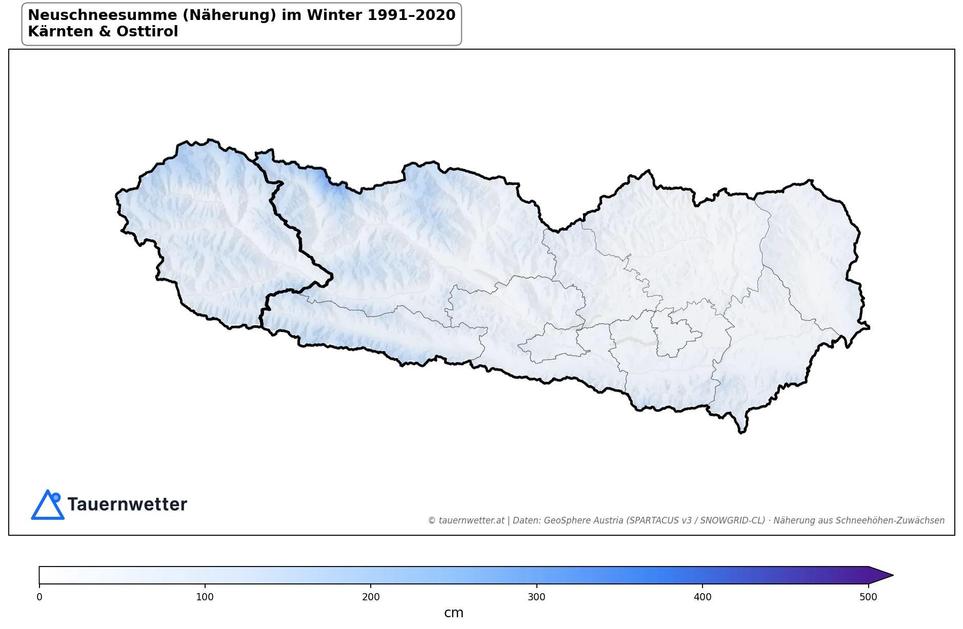 Klimakarte Neuschneesumme (Näherung), Winter (DJF) 1991–2020 in Kärnten und Osttirol
