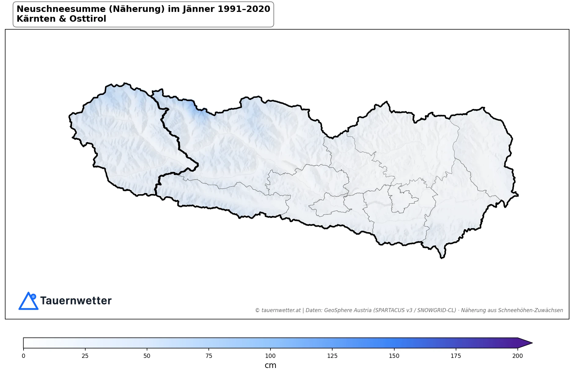 Klimakarte Neuschneesumme (Näherung), Jänner 1991–2020 in Kärnten und Osttirol