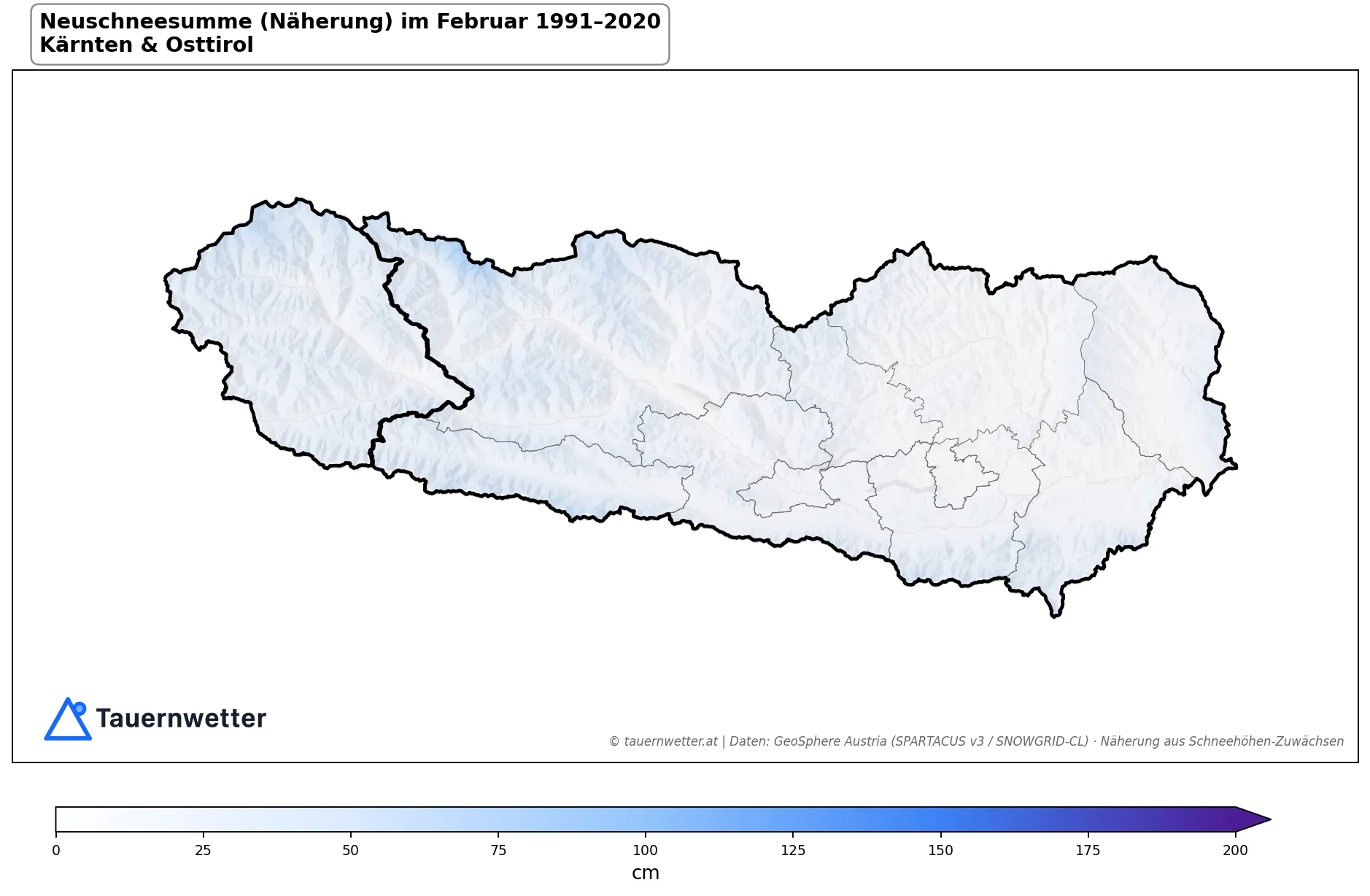 Klimakarte Neuschneesumme (Näherung), Februar 1991–2020 in Kärnten und Osttirol