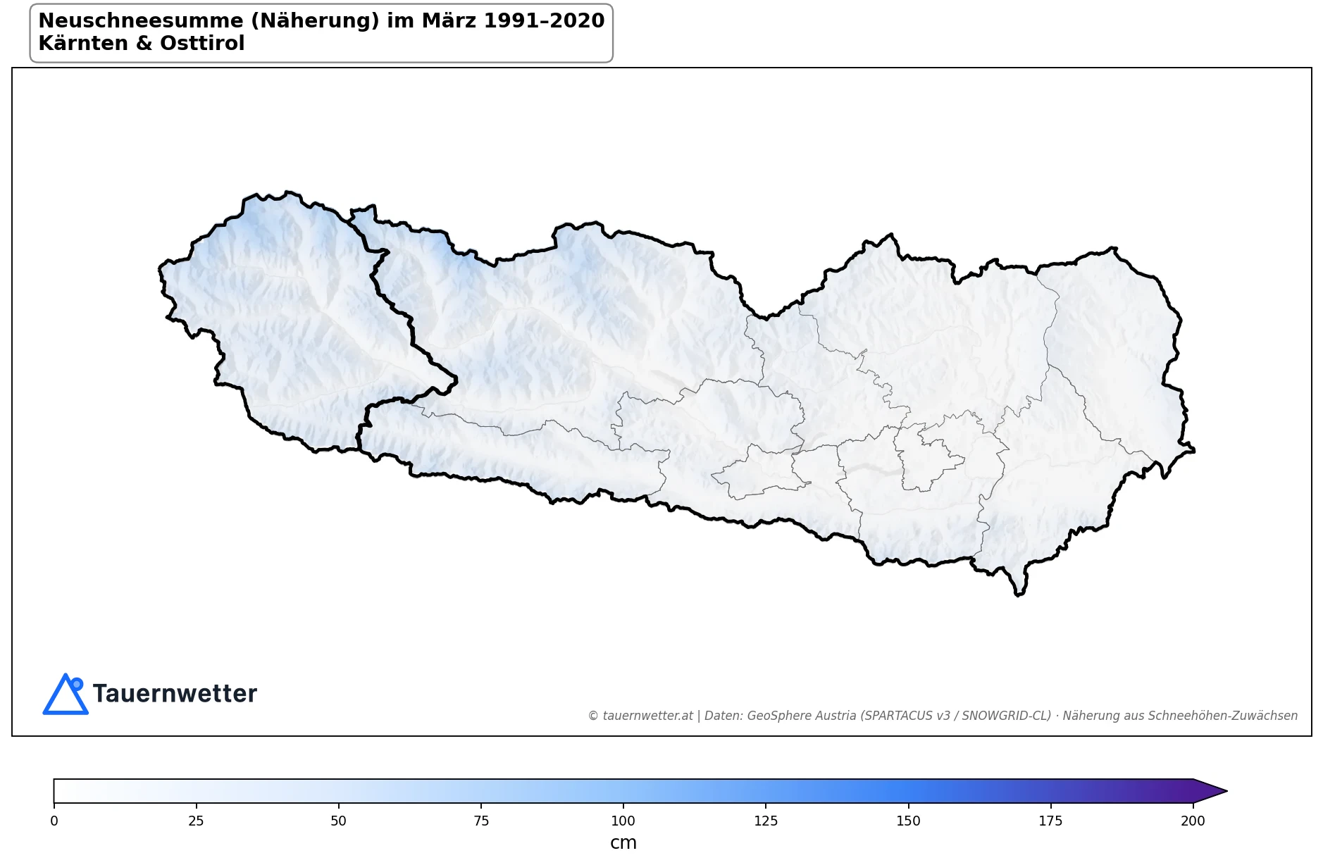 Klimakarte Neuschneesumme (Näherung), März 1991–2020 in Kärnten und Osttirol