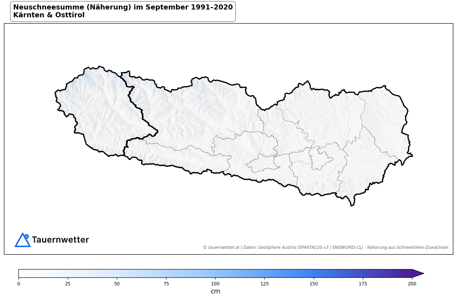 Klimakarte Neuschneesumme (Näherung), September 1991–2020 in Kärnten und Osttirol