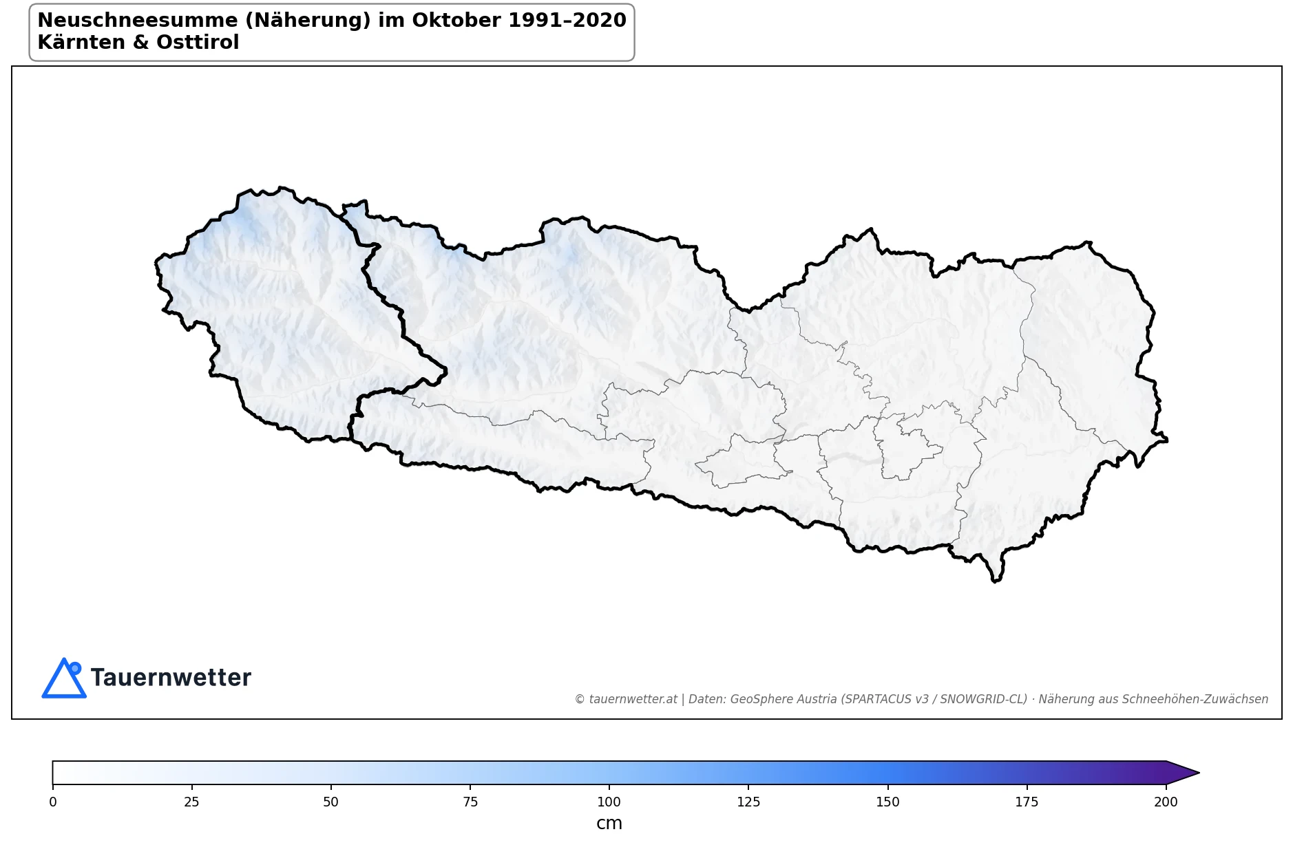 Klimakarte Neuschneesumme (Näherung), Oktober 1991–2020 in Kärnten und Osttirol