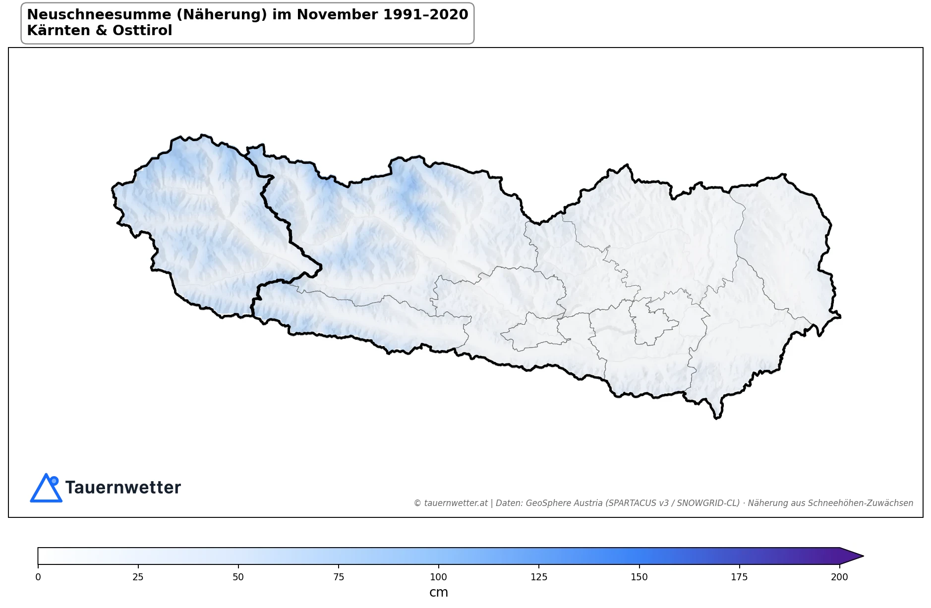 Klimakarte Neuschneesumme (Näherung), November 1991–2020 in Kärnten und Osttirol