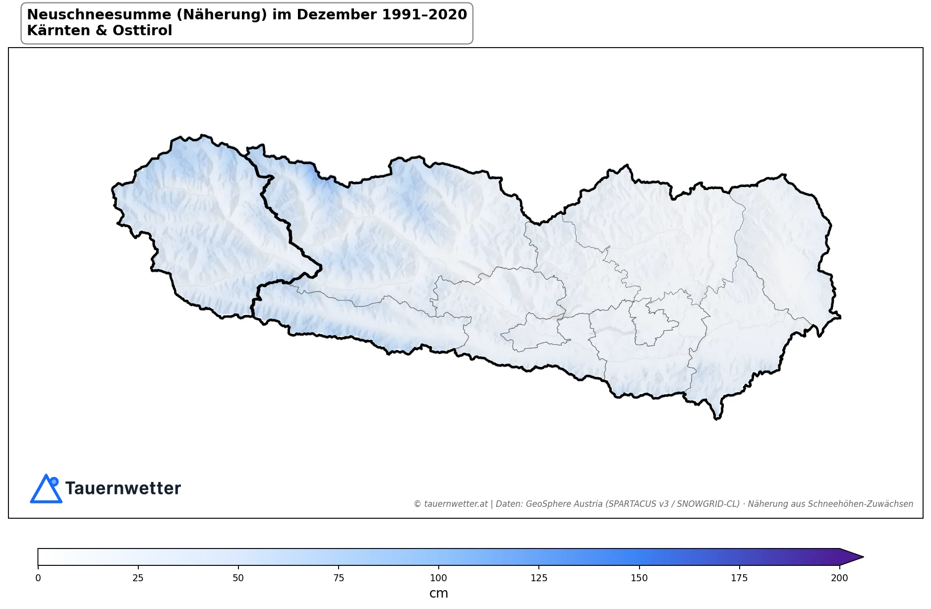Klimakarte Neuschneesumme (Näherung), Dezember 1991–2020 in Kärnten und Osttirol
