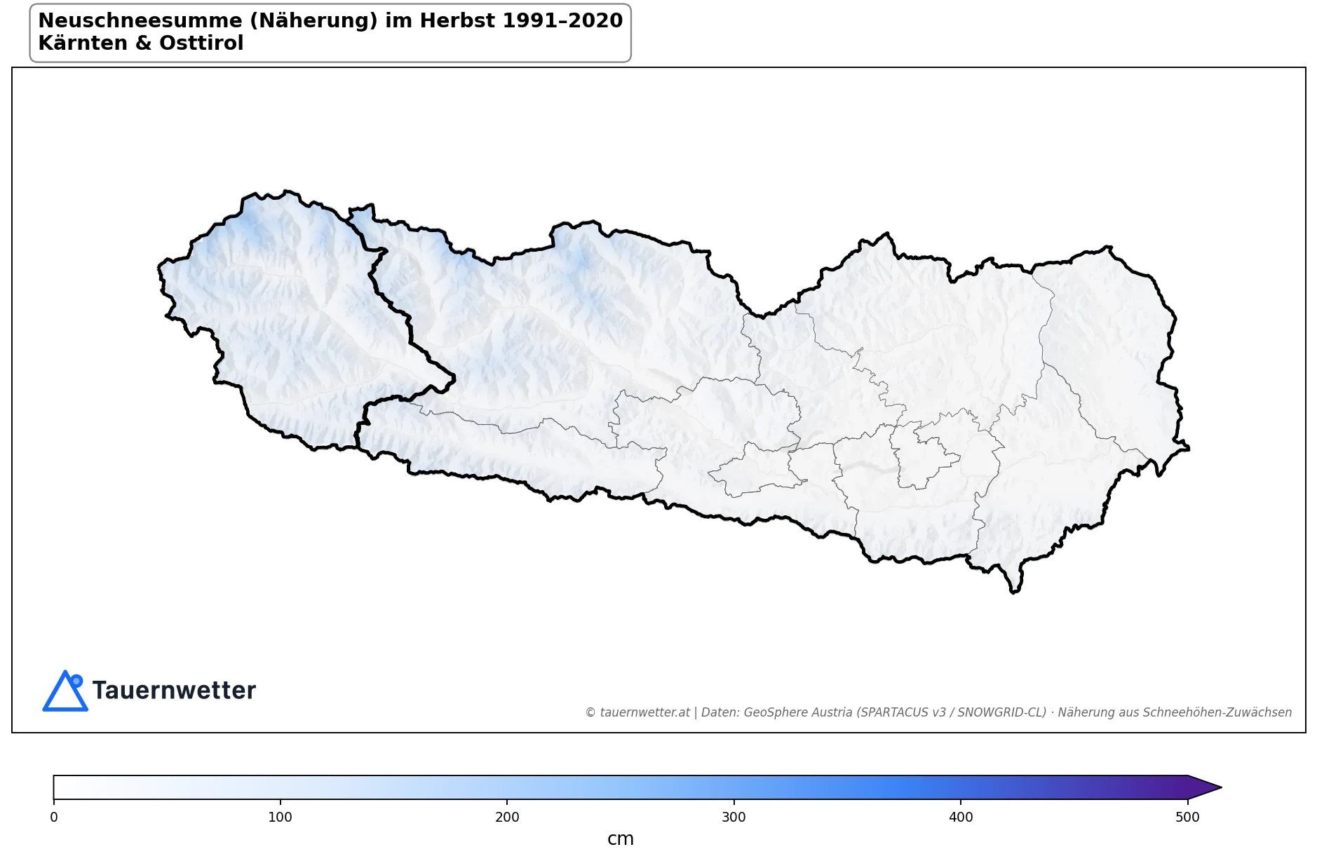 Klimakarte Neuschneesumme (Näherung), Herbst (SON) 1991–2020 in Kärnten und Osttirol