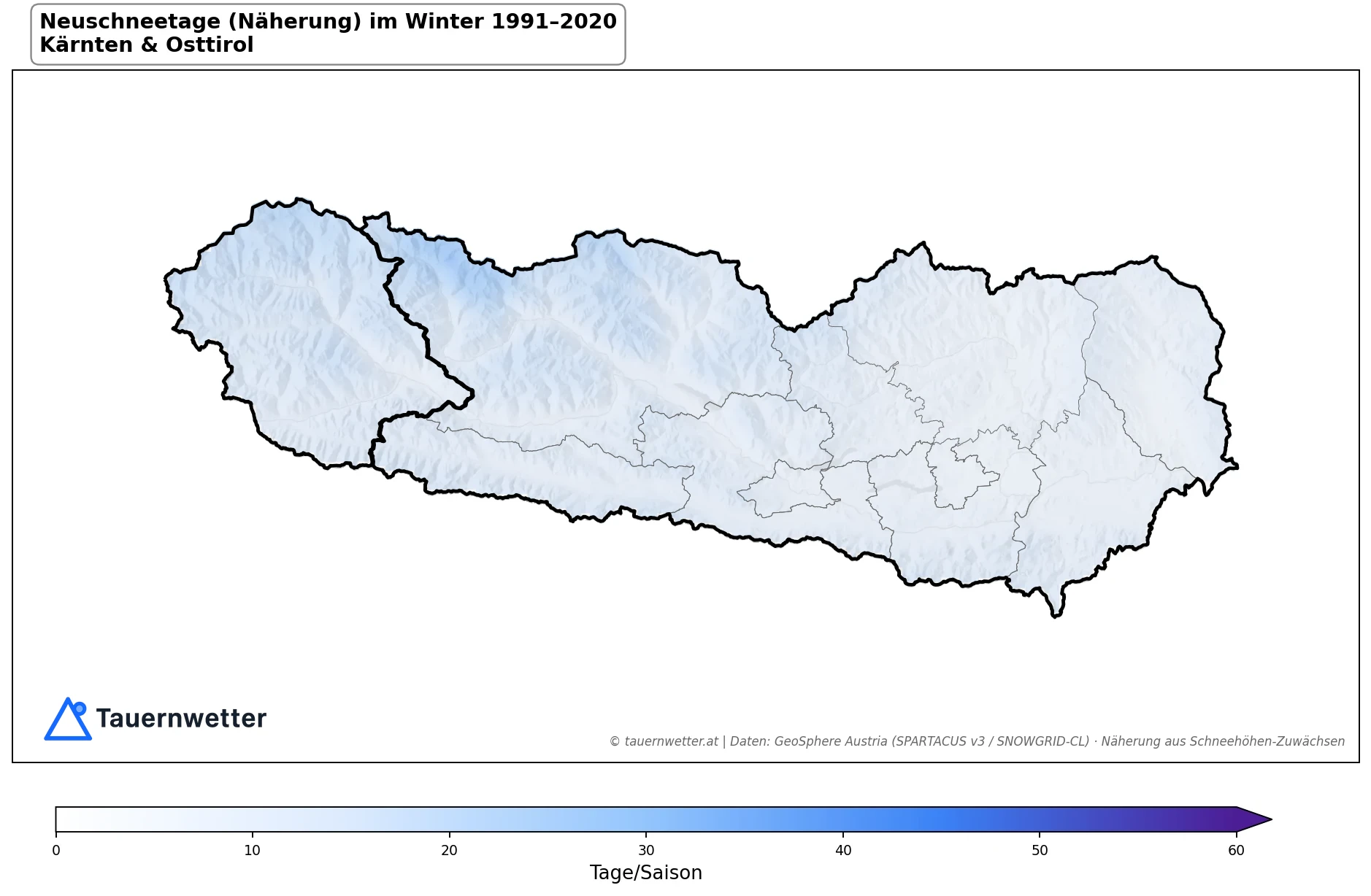 Klimakarte Neuschneetage (Näherung), Winter (DJF) 1991–2020 in Kärnten und Osttirol