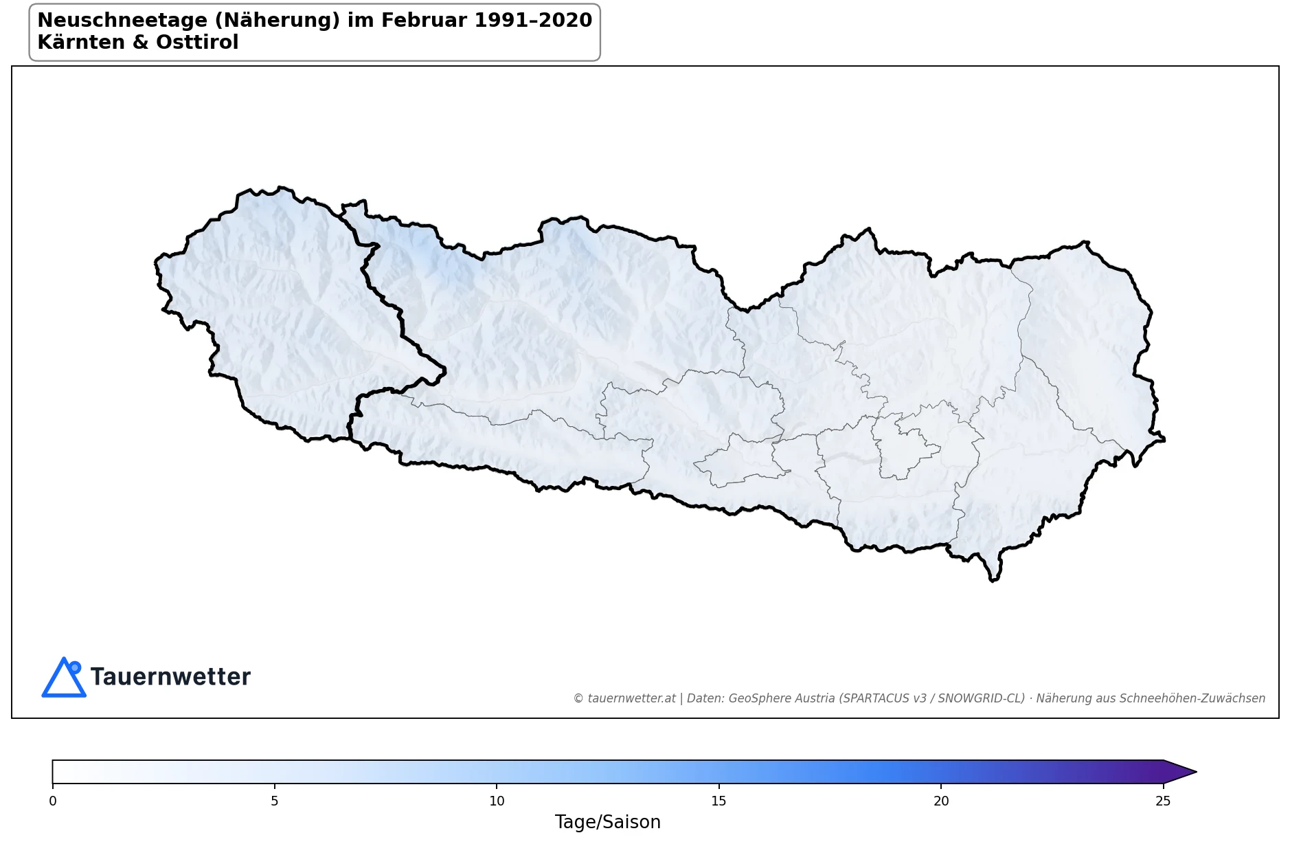 Klimakarte Neuschneetage (Näherung), Februar 1991–2020 in Kärnten und Osttirol