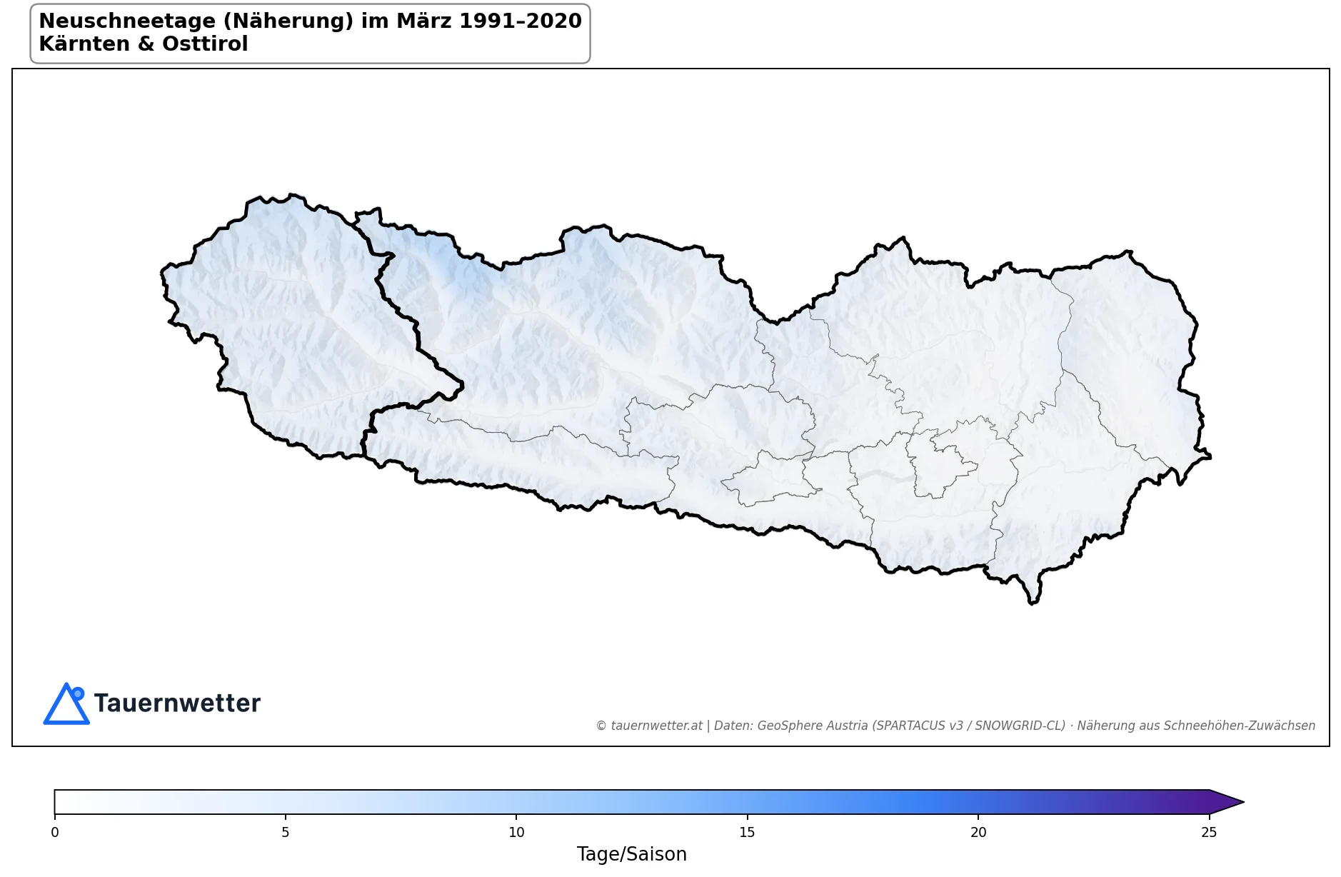 Klimakarte Neuschneetage (Näherung), März 1991–2020 in Kärnten und Osttirol