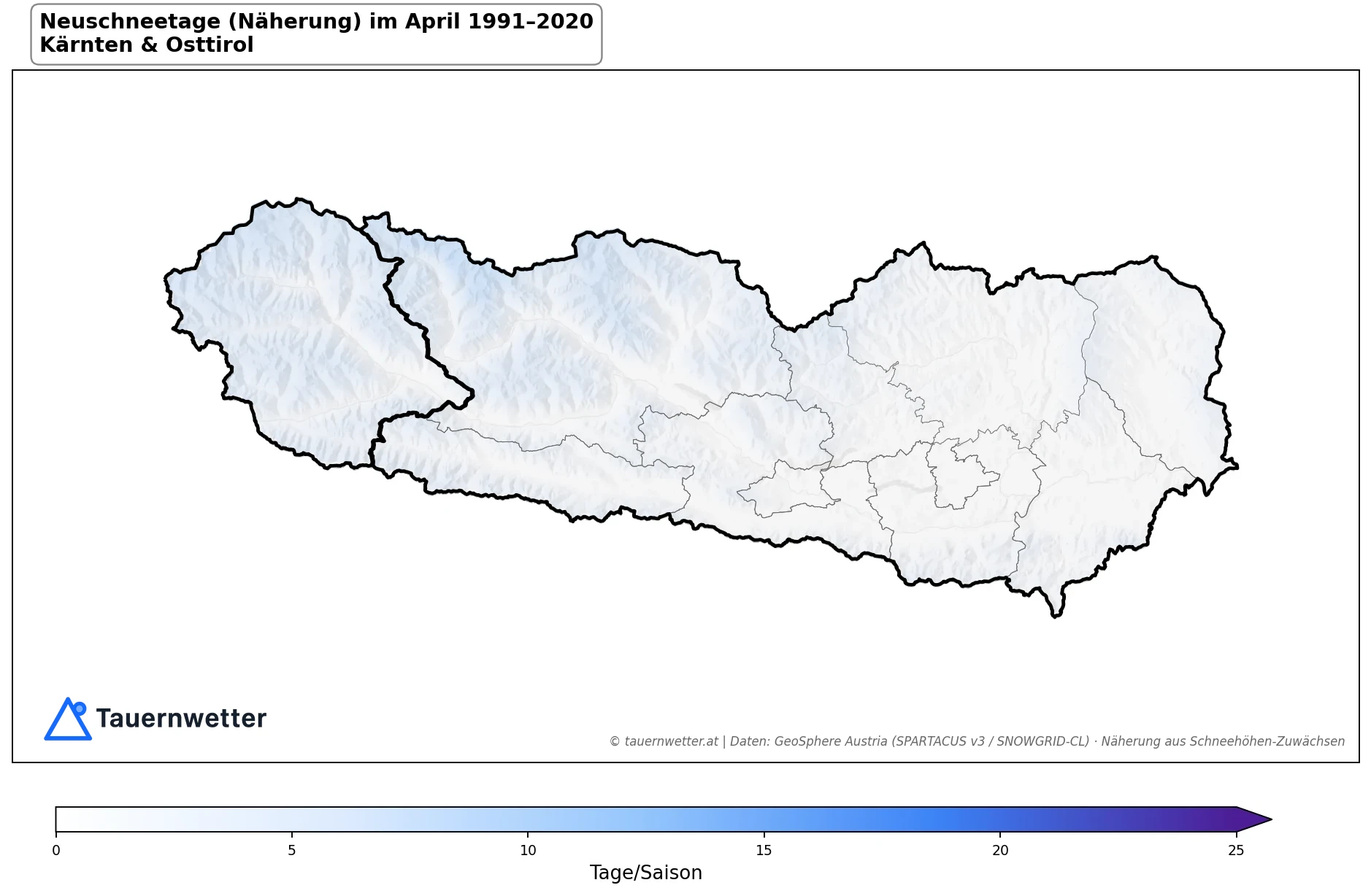 Klimakarte Neuschneetage (Näherung), April 1991–2020 in Kärnten und Osttirol