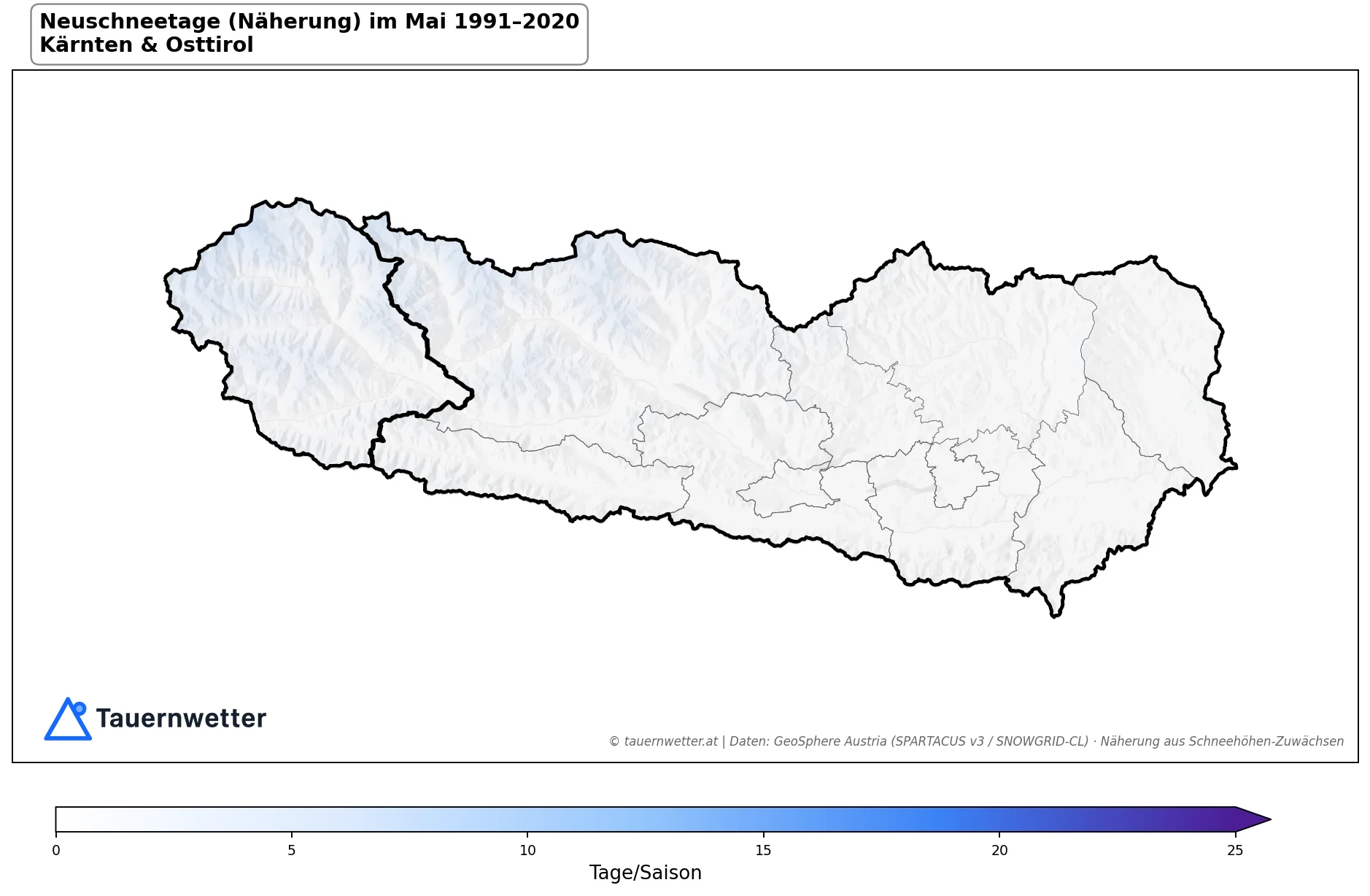 Klimakarte Neuschneetage (Näherung), Mai 1991–2020 in Kärnten und Osttirol