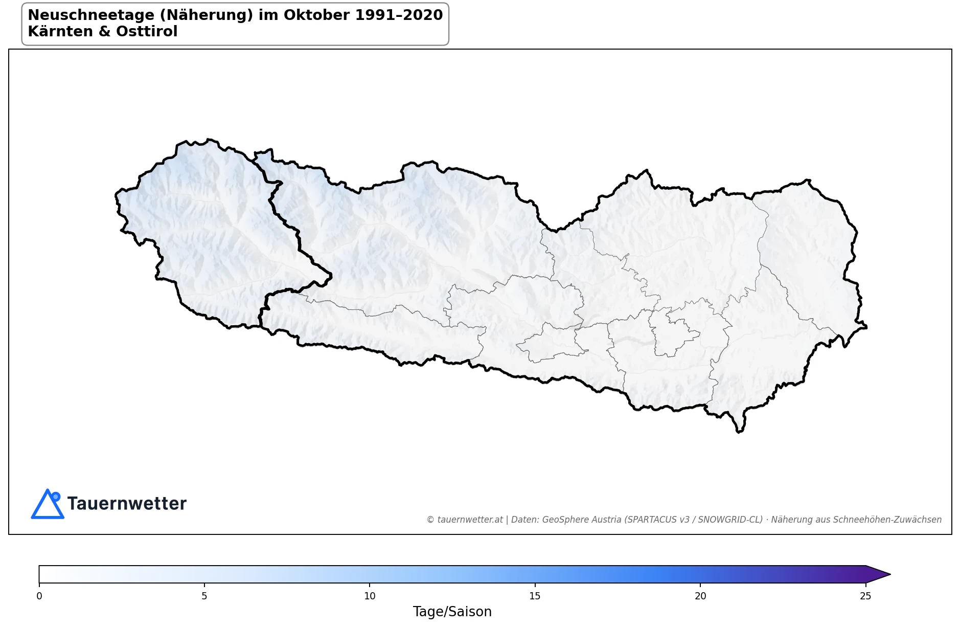 Klimakarte Neuschneetage (Näherung), Oktober 1991–2020 in Kärnten und Osttirol