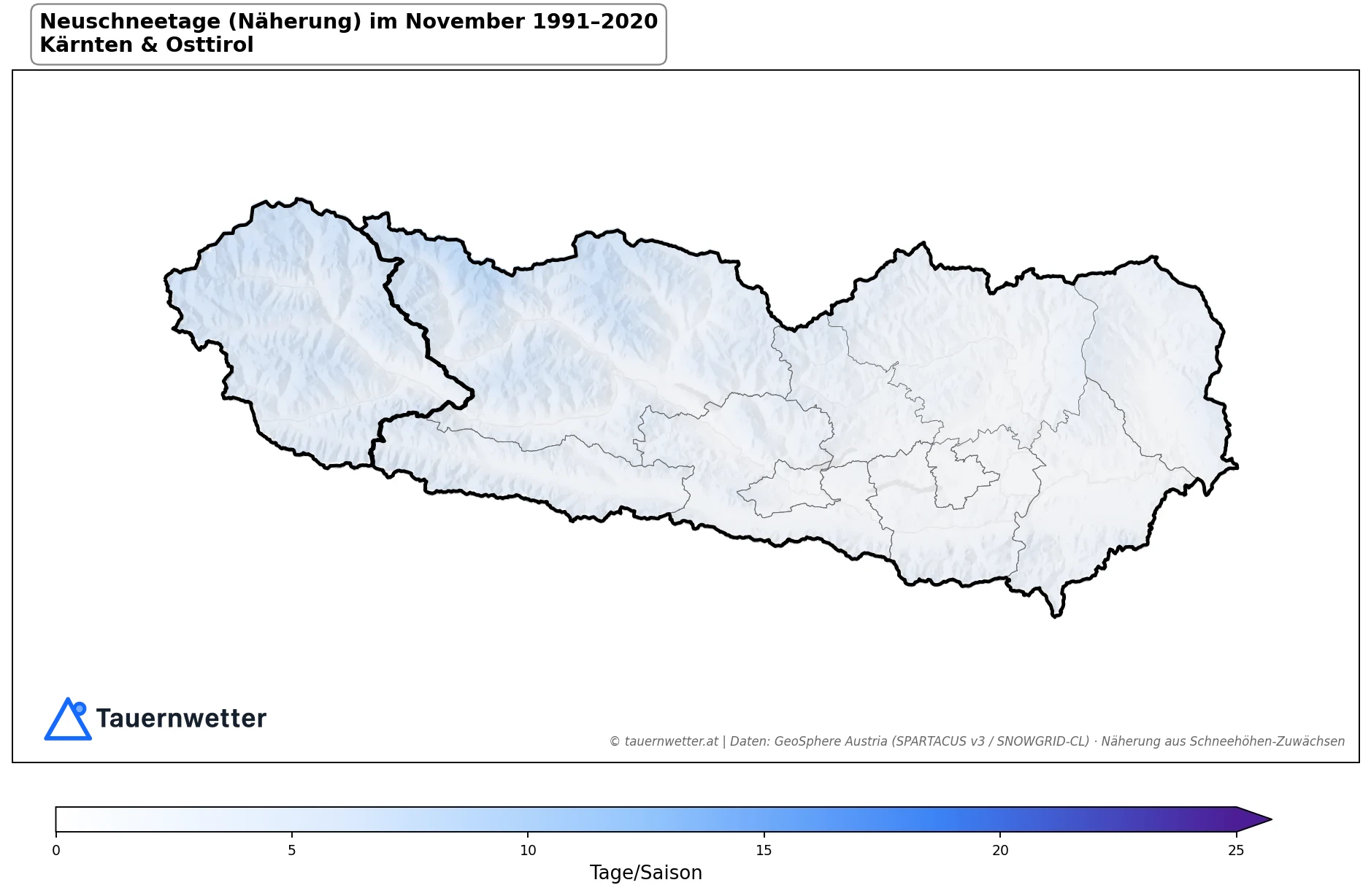 Klimakarte Neuschneetage (Näherung), November 1991–2020 in Kärnten und Osttirol
