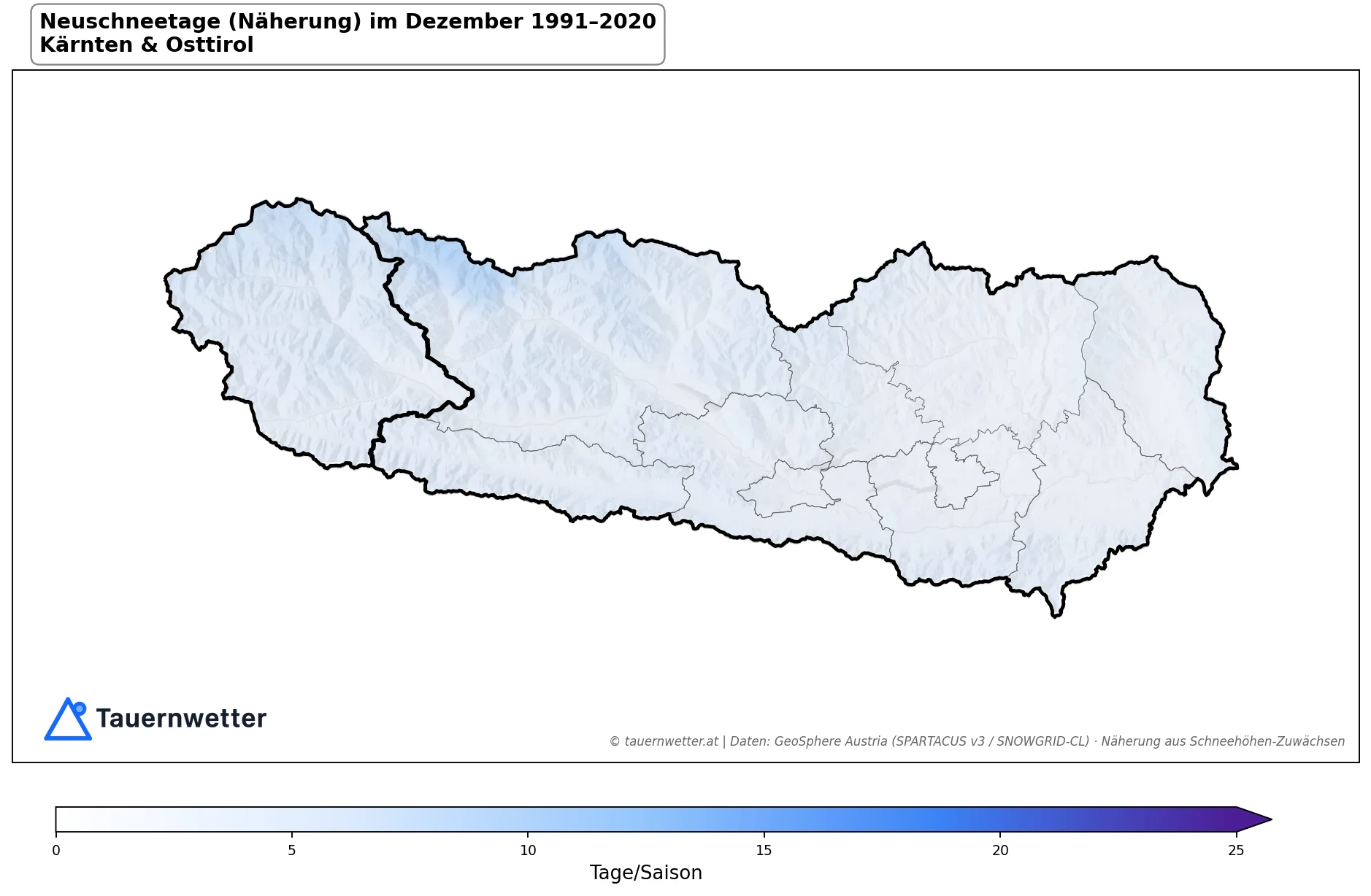 Klimakarte Neuschneetage (Näherung), Dezember 1991–2020 in Kärnten und Osttirol