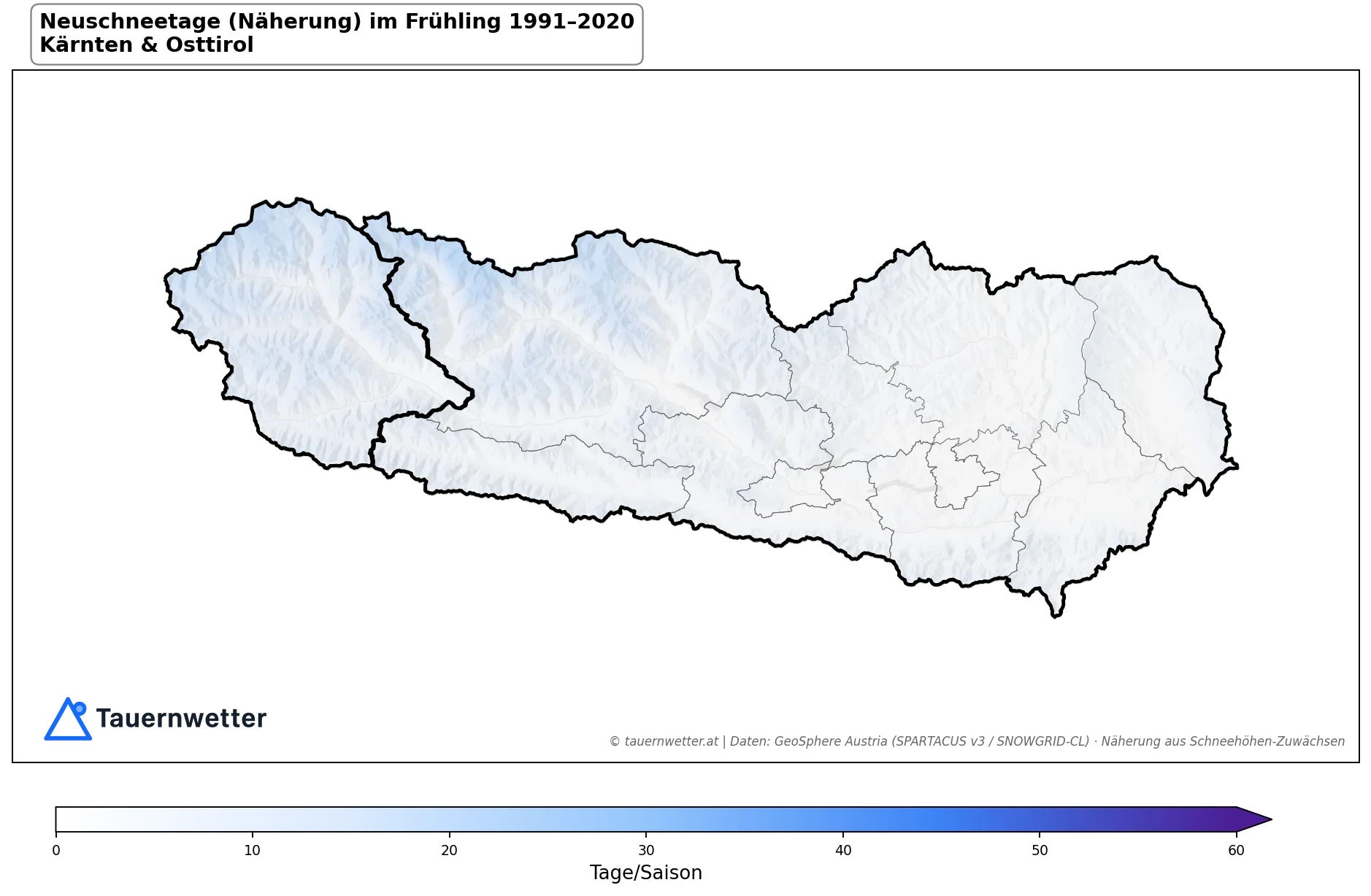 Klimakarte Neuschneetage (Näherung), Frühling (MAM) 1991–2020 in Kärnten und Osttirol