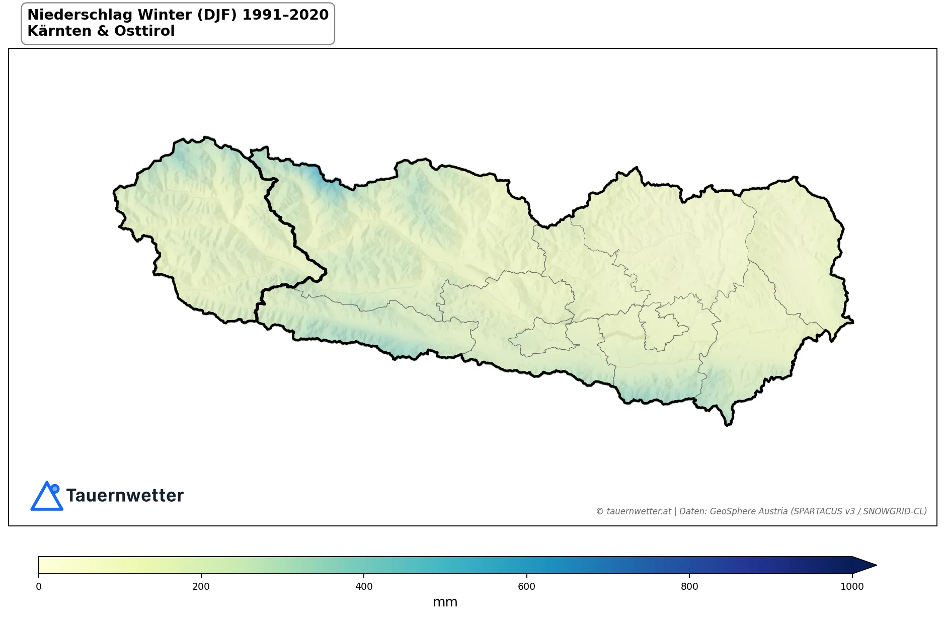 Klimakarte Niederschlagssumme, Winter (DJF) 1991–2020 in Kärnten und Osttirol