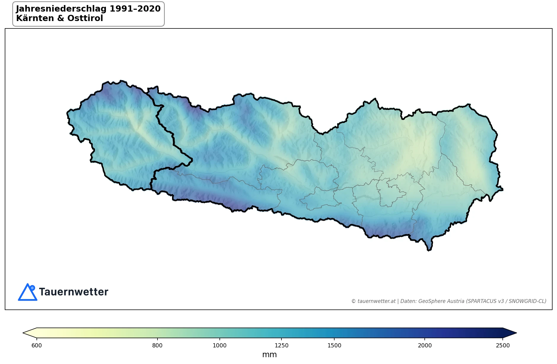 Klimakarte Niederschlagssumme, Jahr 1991–2020 in Kärnten und Osttirol