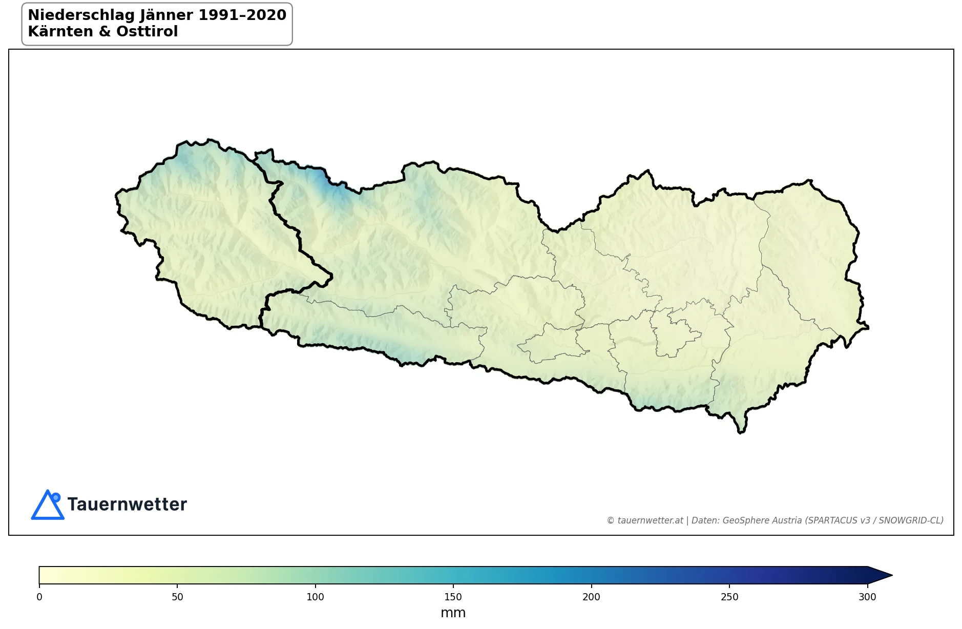 Klimakarte Niederschlagssumme, Jänner 1991–2020 in Kärnten und Osttirol