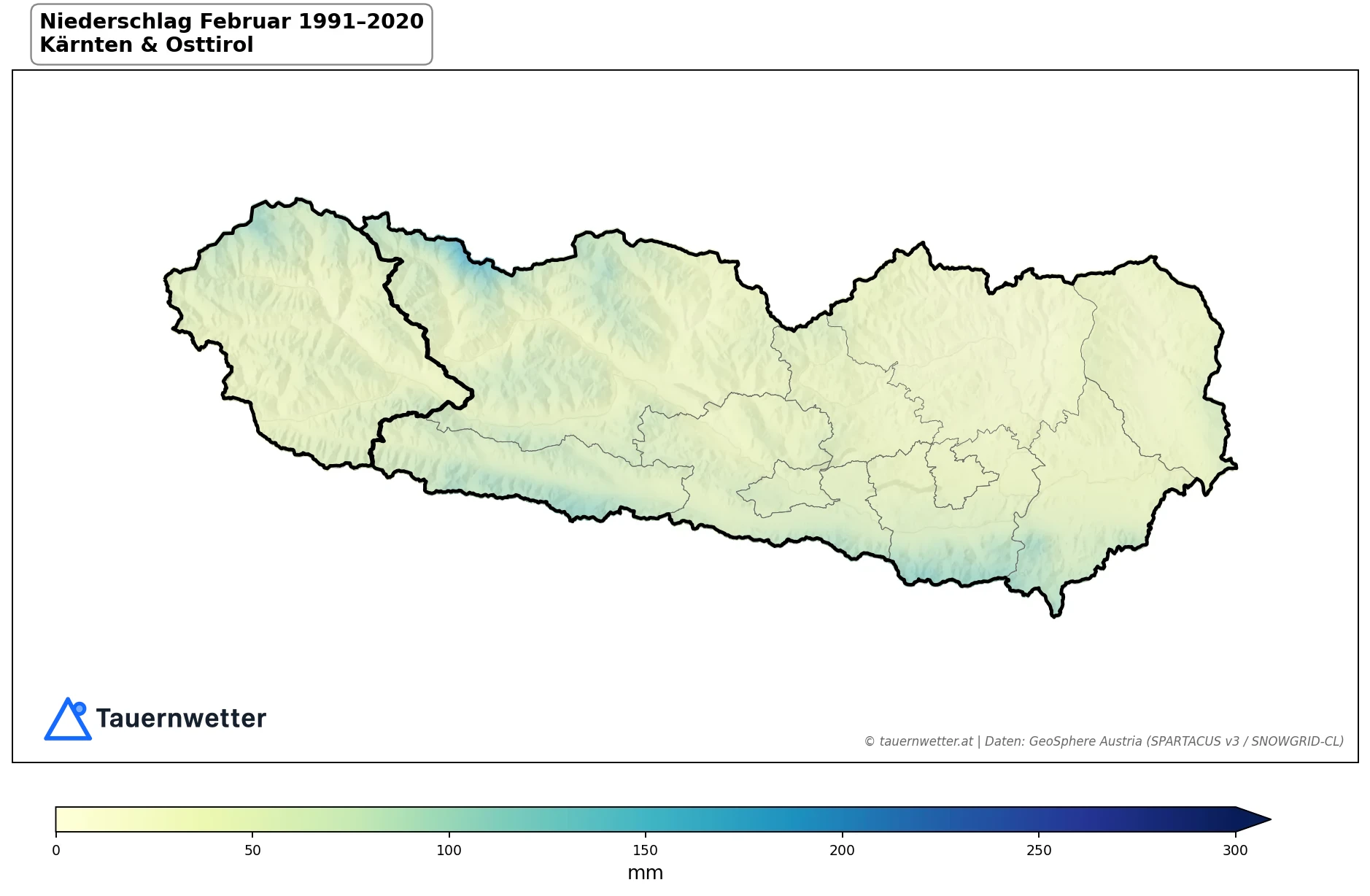 Klimakarte Niederschlagssumme, Februar 1991–2020 in Kärnten und Osttirol