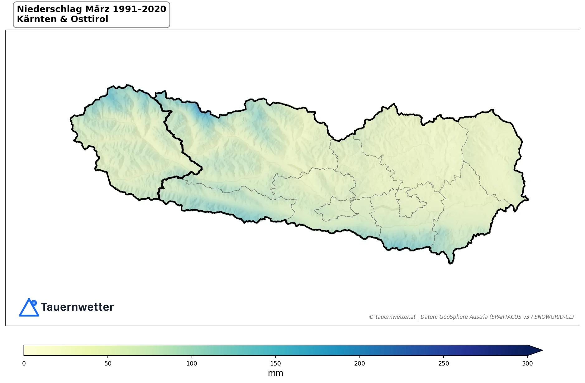 Klimakarte Niederschlagssumme, März 1991–2020 in Kärnten und Osttirol