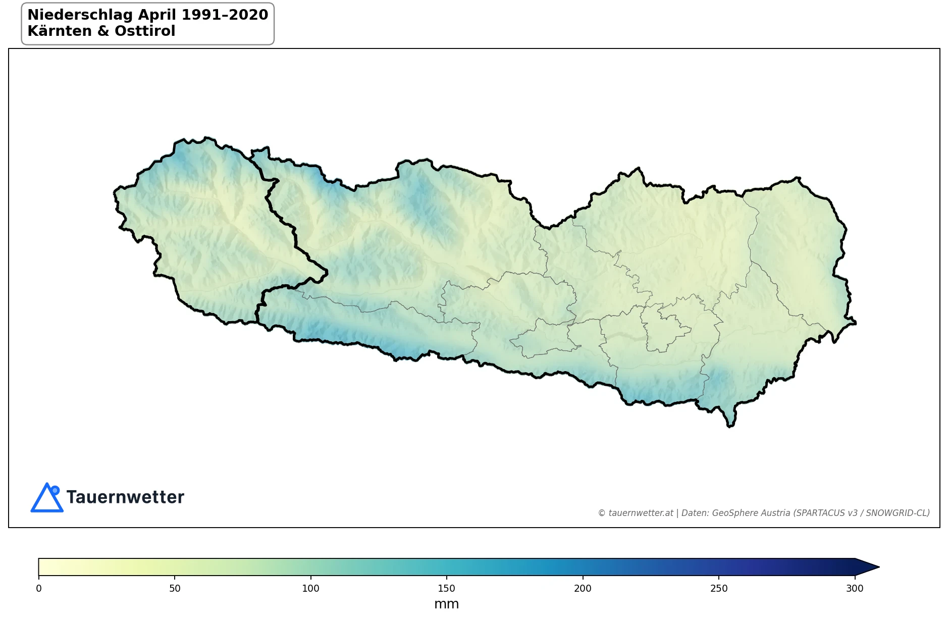 Klimakarte Niederschlagssumme, April 1991–2020 in Kärnten und Osttirol