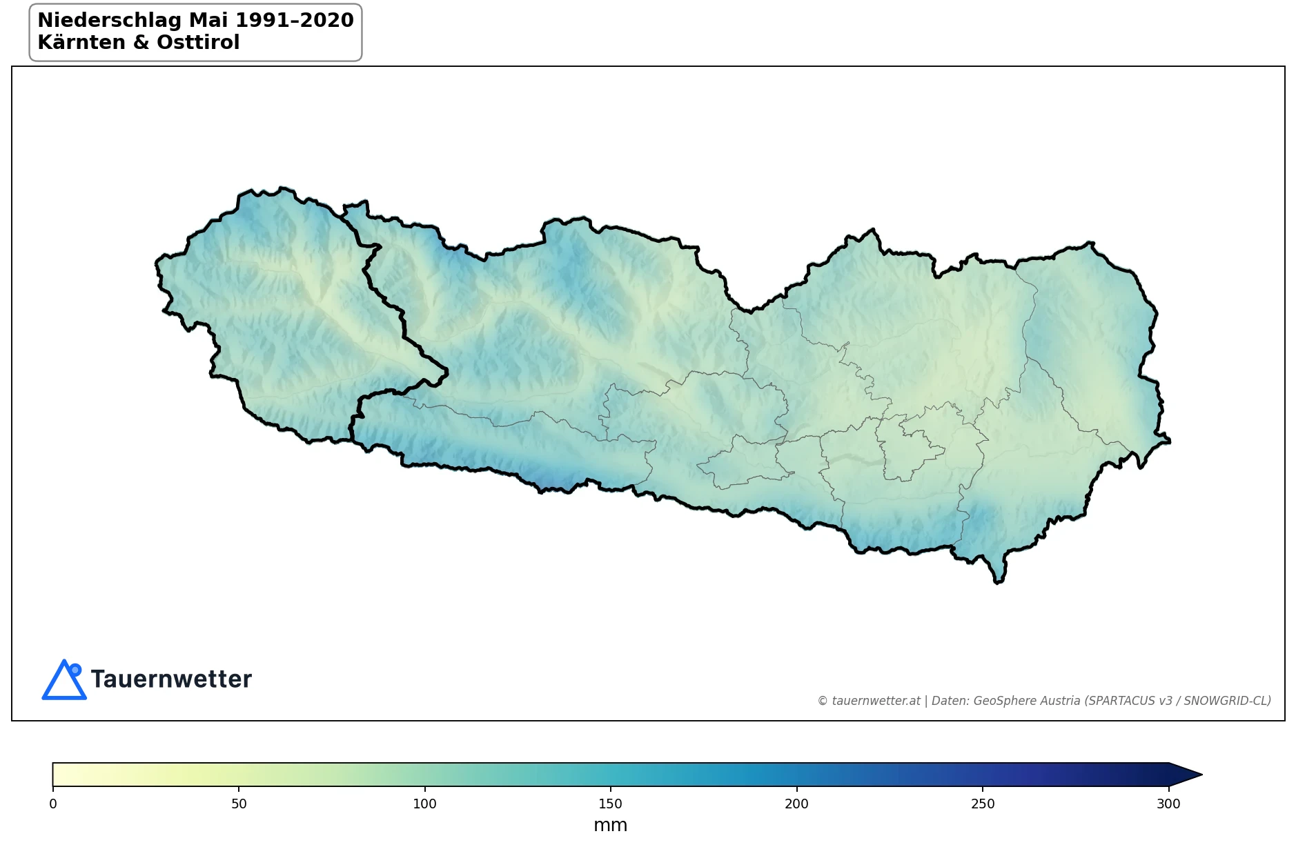 Klimakarte Niederschlagssumme, Mai 1991–2020 in Kärnten und Osttirol