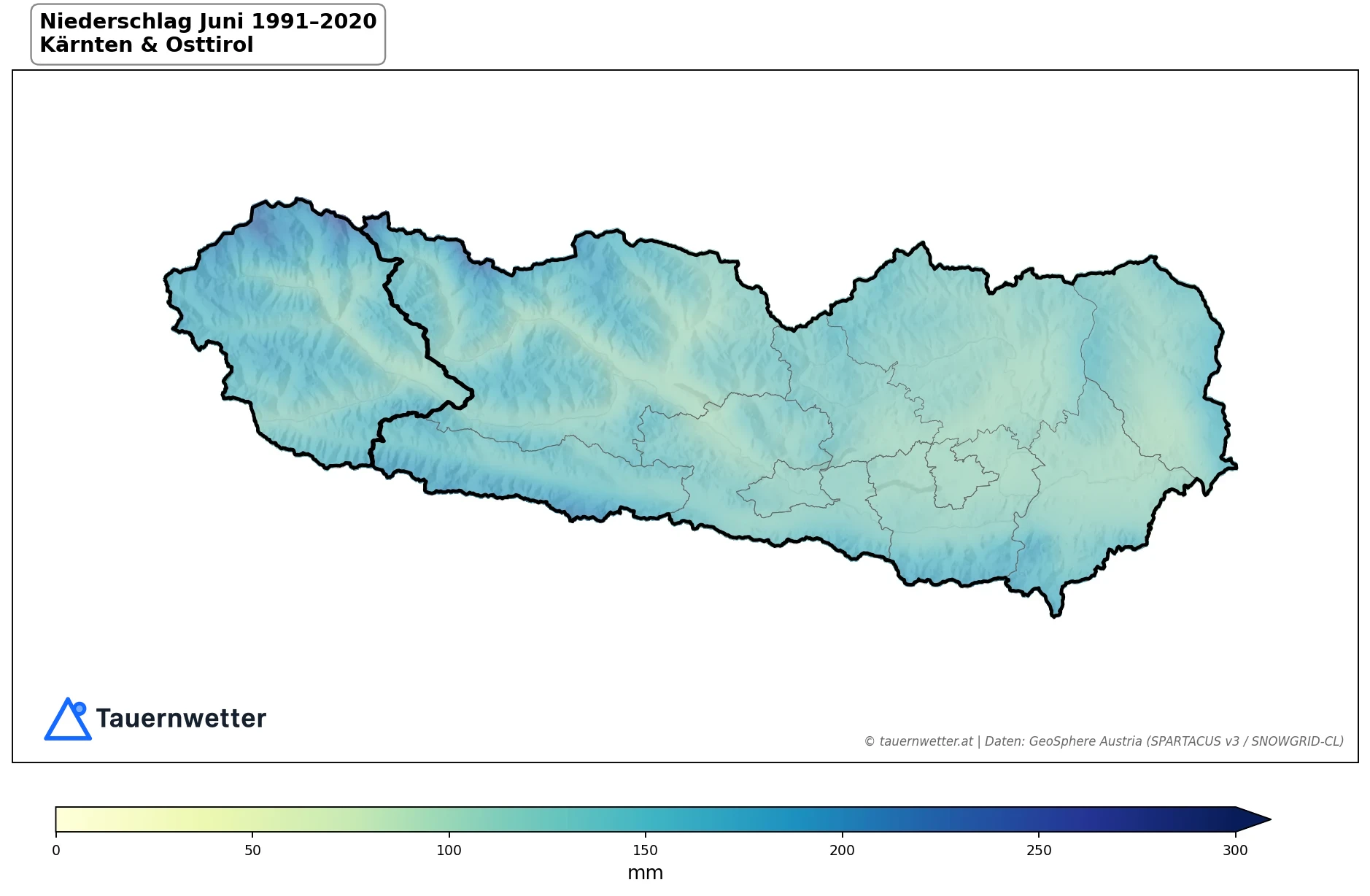Klimakarte Niederschlagssumme, Juni 1991–2020 in Kärnten und Osttirol