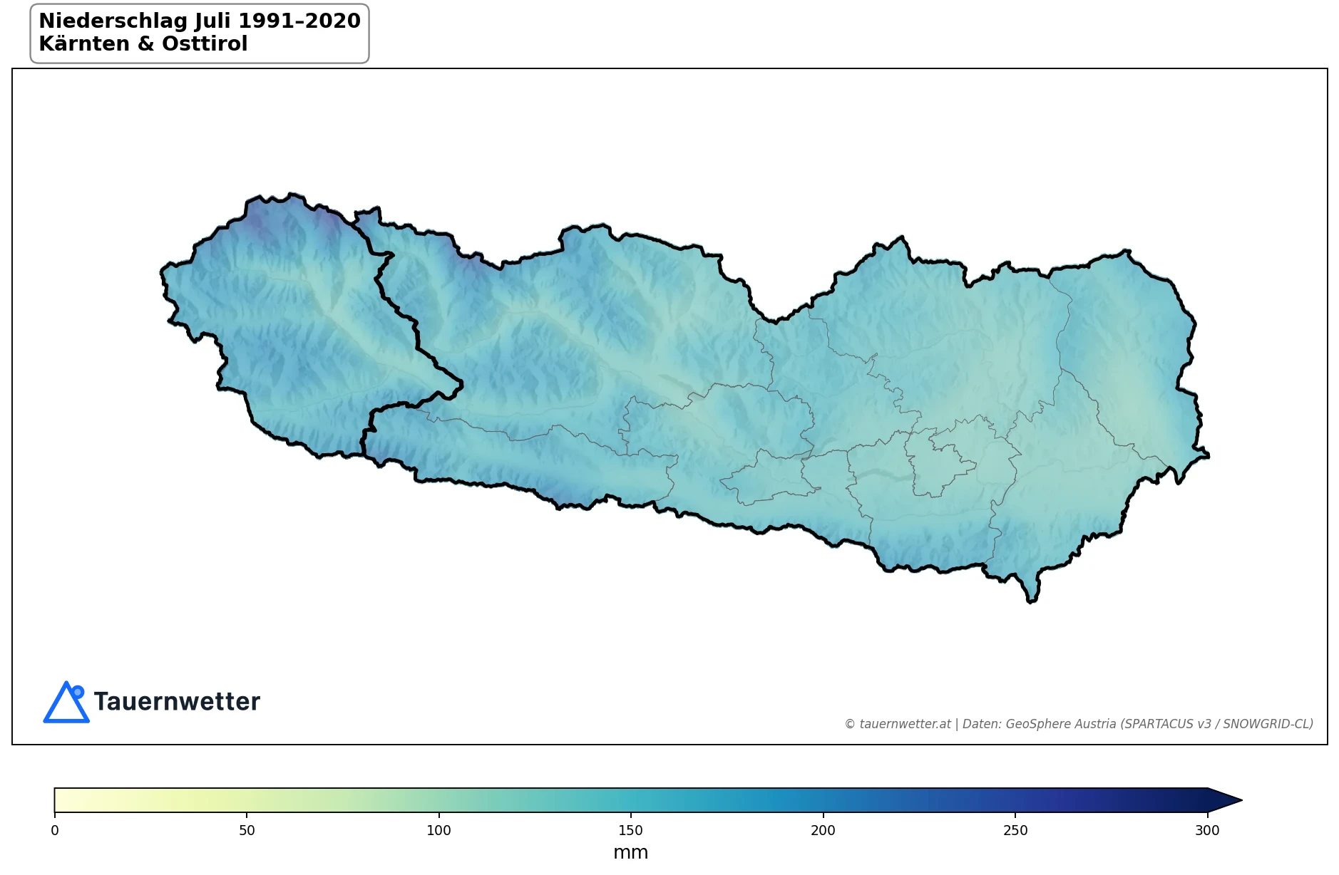 Klimakarte Niederschlagssumme, Juli 1991–2020 in Kärnten und Osttirol