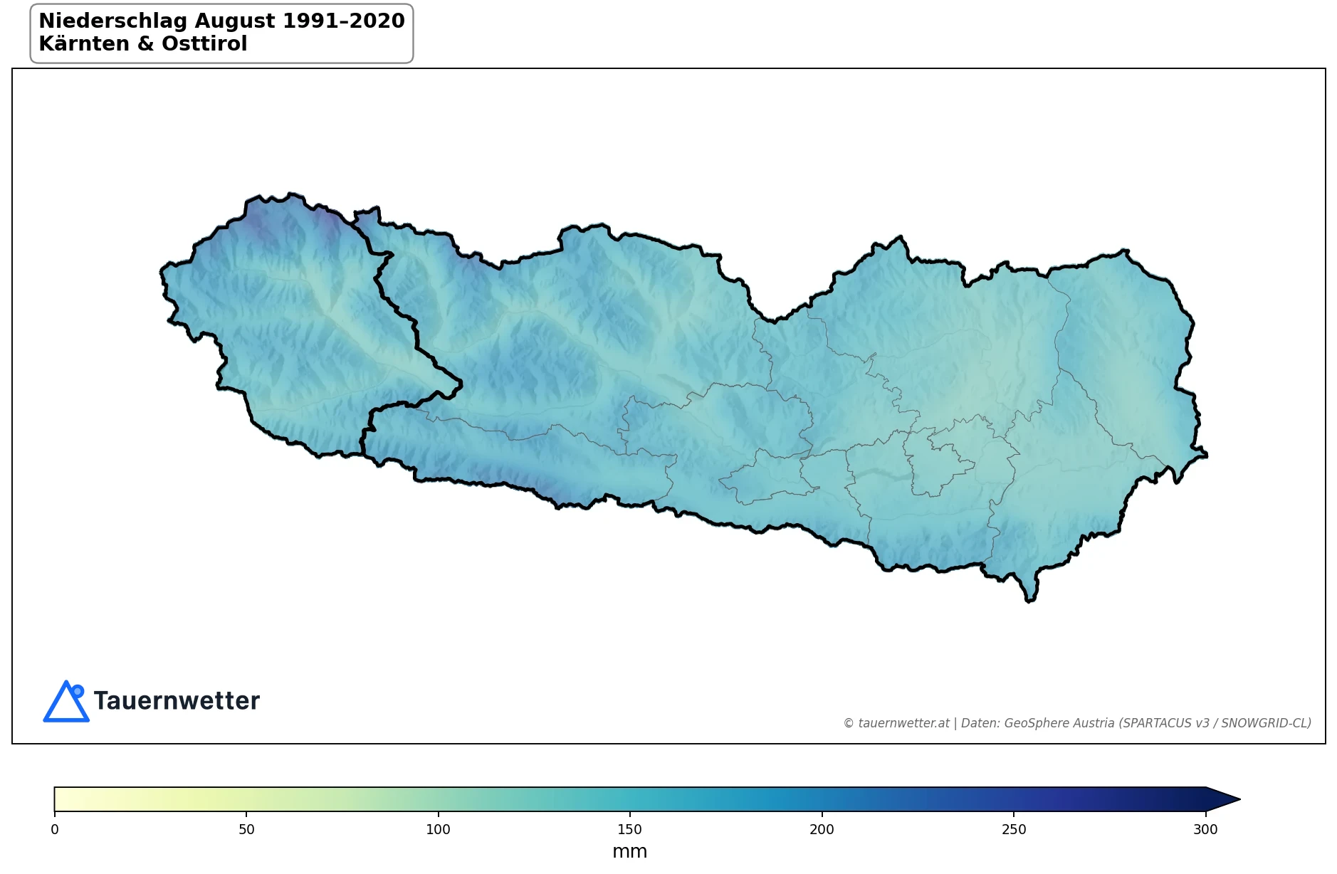 Klimakarte Niederschlagssumme, August 1991–2020 in Kärnten und Osttirol