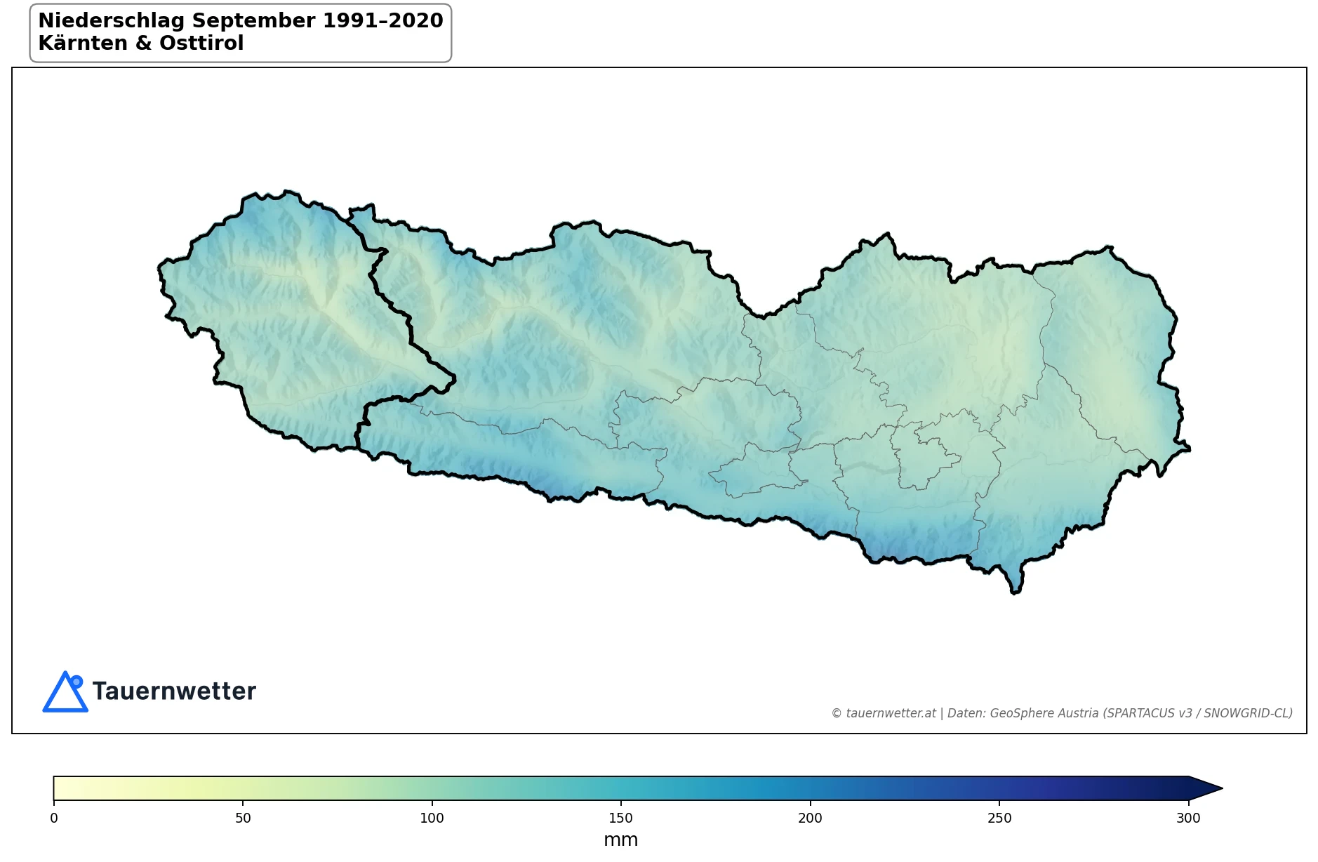 Klimakarte Niederschlagssumme, September 1991–2020 in Kärnten und Osttirol