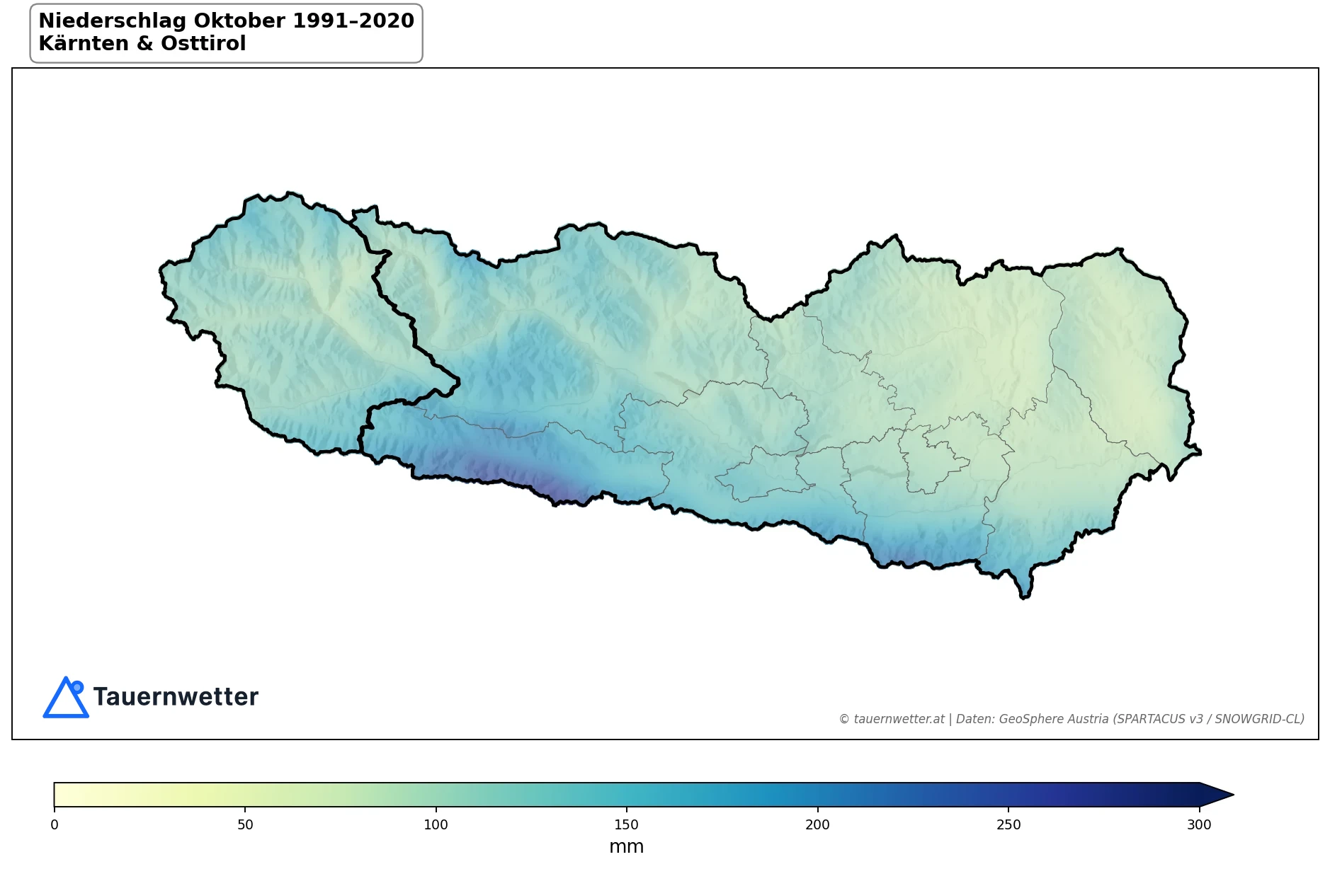 Klimakarte Niederschlagssumme, Oktober 1991–2020 in Kärnten und Osttirol