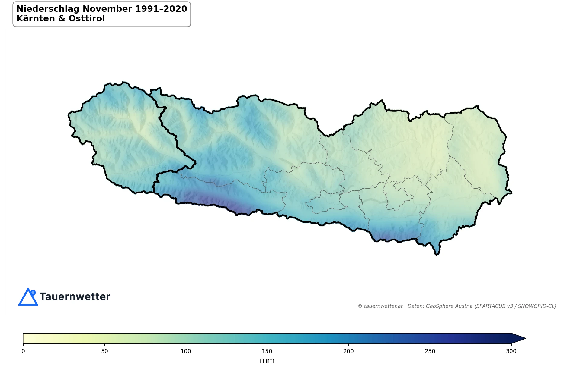 Klimakarte Niederschlagssumme, November 1991–2020 in Kärnten und Osttirol