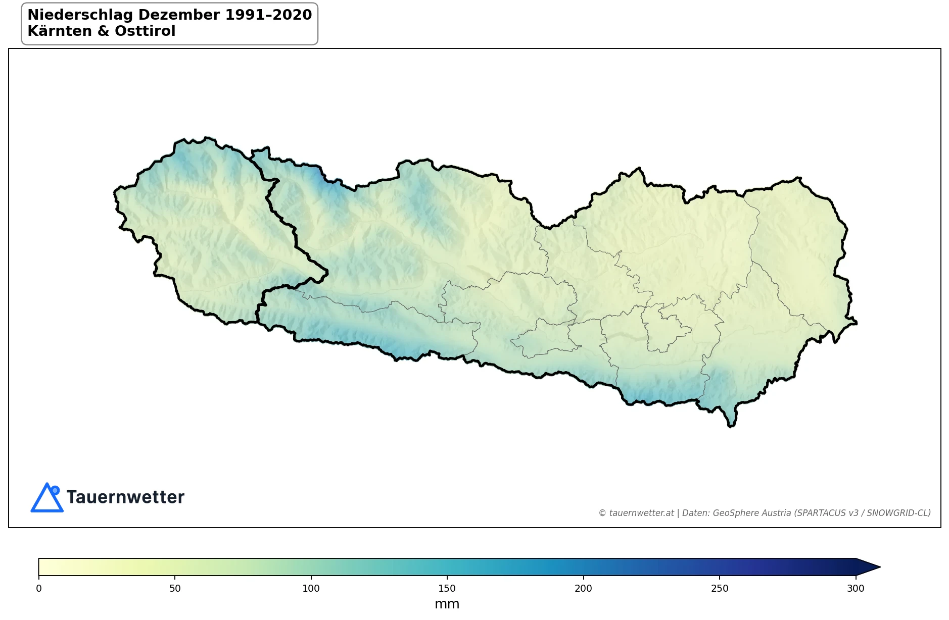 Klimakarte Niederschlagssumme, Dezember 1991–2020 in Kärnten und Osttirol