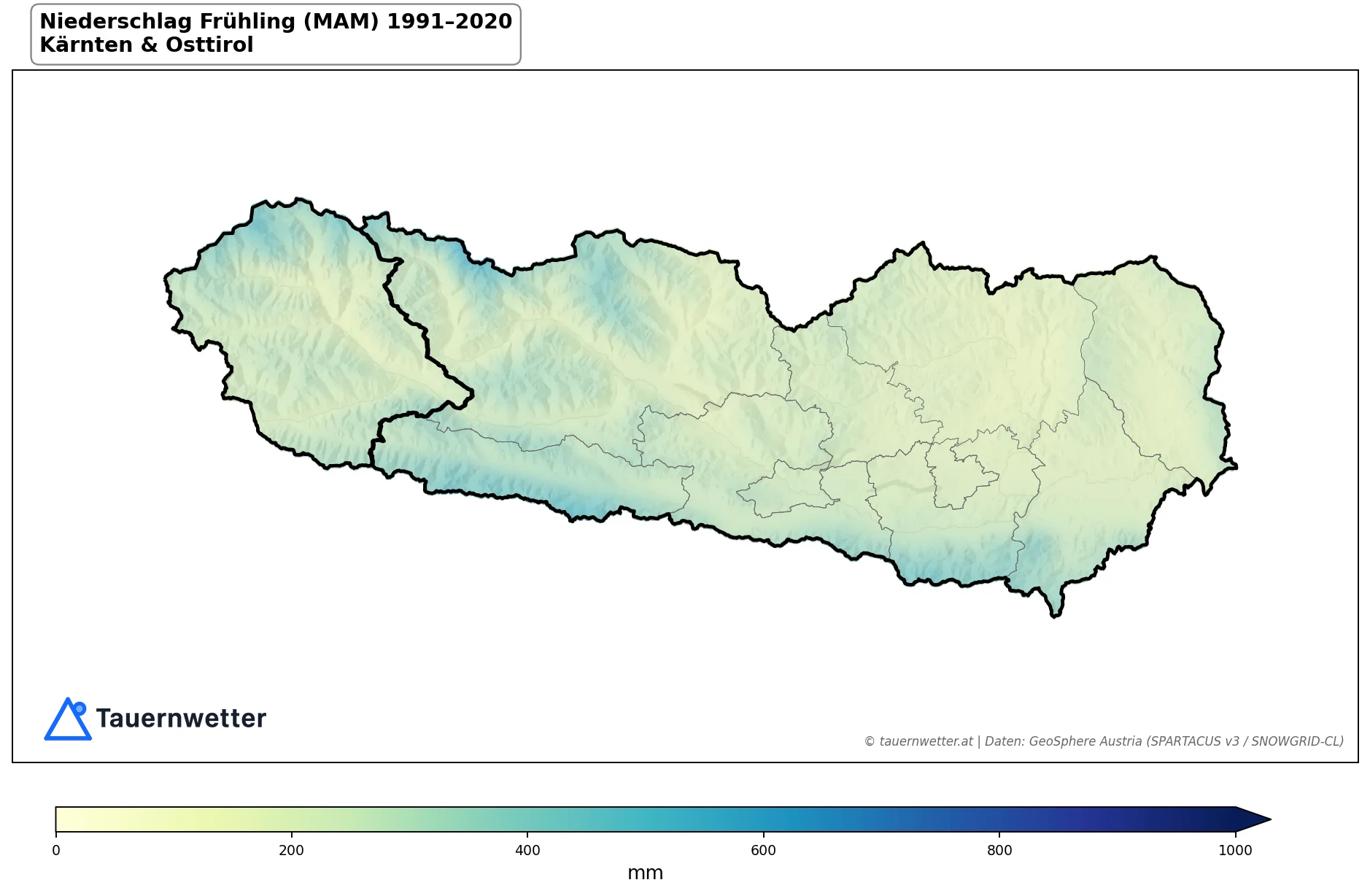 Klimakarte Niederschlagssumme, Frühling (MAM) 1991–2020 in Kärnten und Osttirol