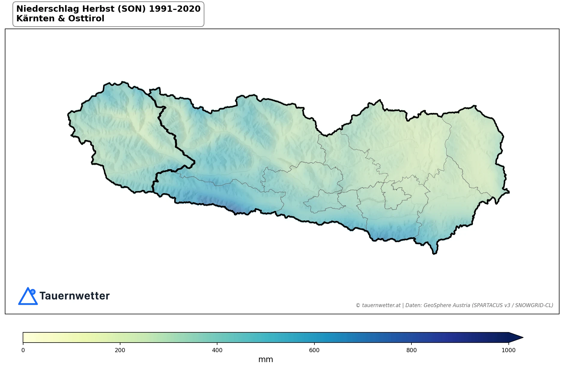 Klimakarte Niederschlagssumme, Herbst (SON) 1991–2020 in Kärnten und Osttirol