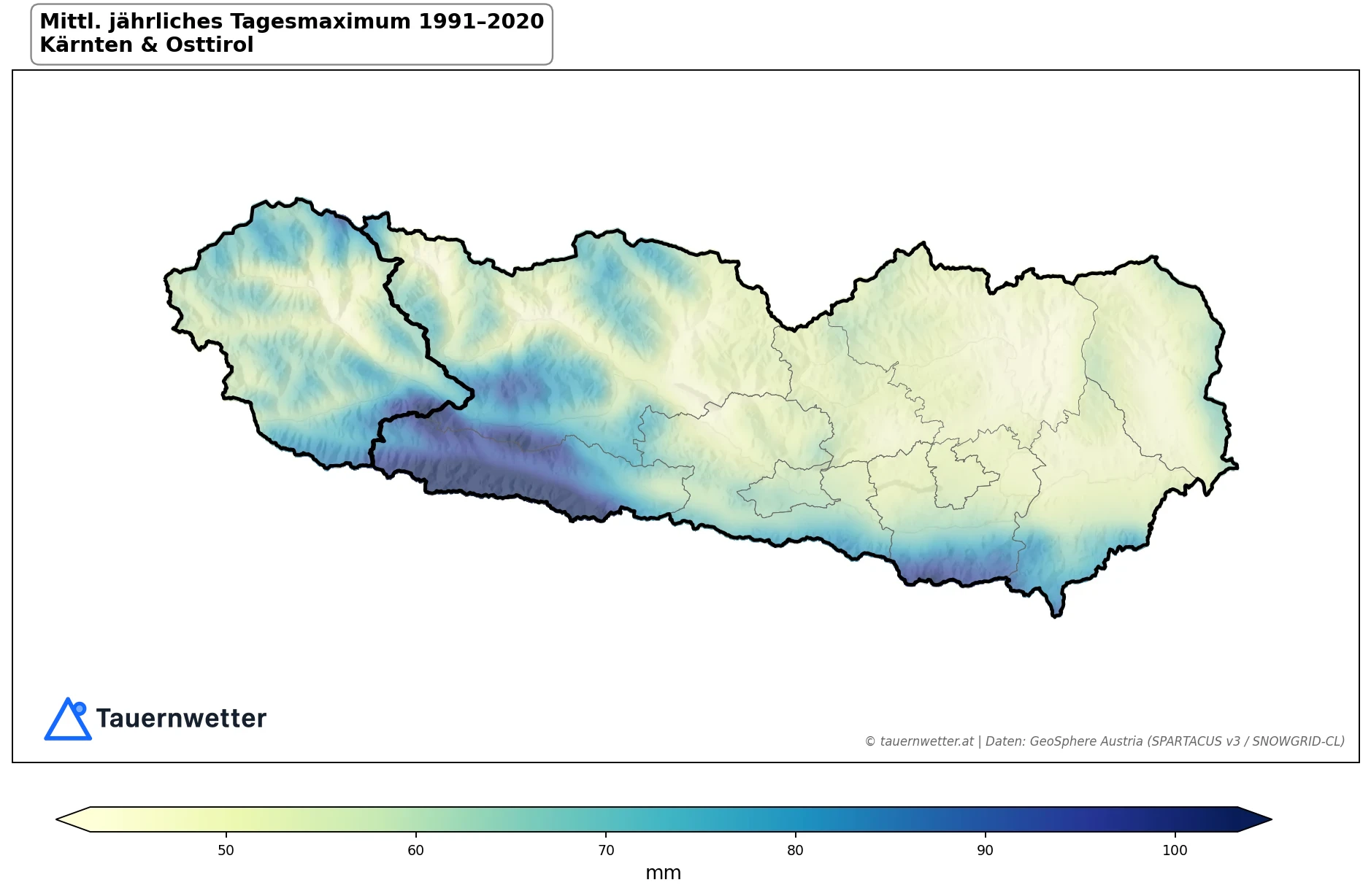 Klimakarte Mittl. jährliches Tagesmaximum, Jahr 1991–2020 in Kärnten und Osttirol