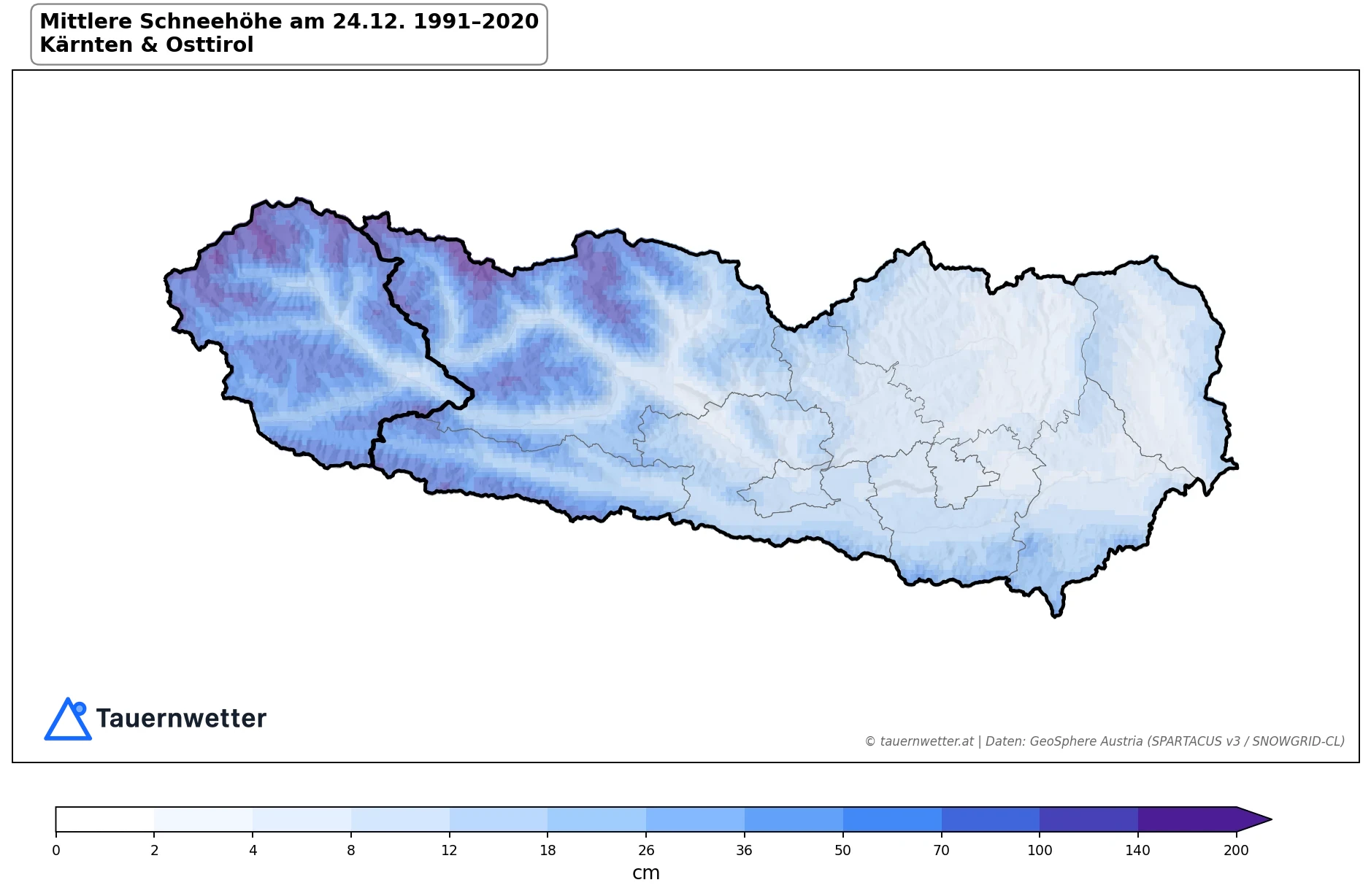 Klimakarte Schneehöhe am 24.12., Jahr 1991–2020 in Kärnten und Osttirol